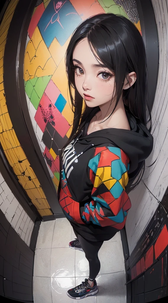 (((8k wallpaper of extremely detailed CG unit:1.2, ​masterpiece, hight resolution:1.2, top-quality:1.2, masutepiece))), ((a very beautiful woman, Hands in pockets:1.8, Grunge Fashion, Wearing a hoodie, Black Leggings, Wearing shoes)), ((extra detailed face, Very beautiful face, Highly detailed black eyes, extra detailed body, Top quality real texture skins)), (A dark-haired, length hair, de pele branca, Small), ((colorful geometric pattern wall, Colorful wall)), (high-angle:1.2, Fisheye:1.3), hyper realisitic, digitial painting,