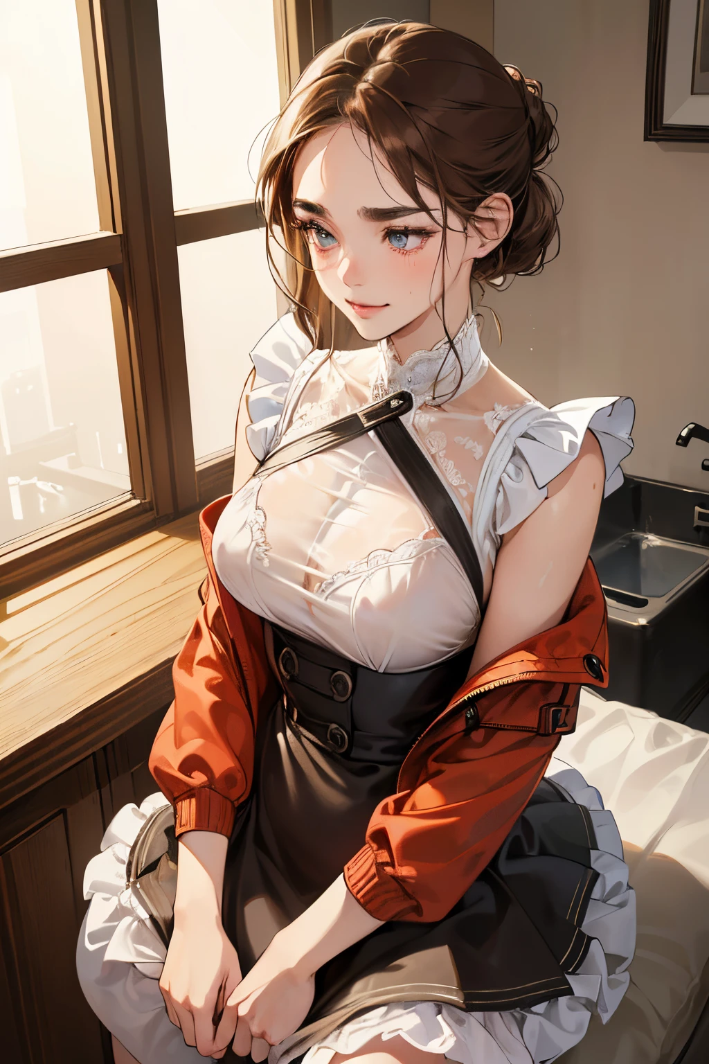 (masutepiece, Digital Art, Digital Illustration, 4K, 8K, Ultra-detailed, beautiful image, Sharp Image, Photorealistic, Raw photo, Perfect face, Perfect lines, Perfect eyes, Soft lighting) 1 woman, (lightbrown hair,Chignon hair in a high position,Innocent look,Lowered eyebrows,drooping eyebrows,drooing eyes,cute large eyes,natural make up,kindly smile,Round jaws,23 year old petite woman:1.3),Two handsome men in suits, (ember,Men in suits,well-muscled,Firm shoulder width,Adult male,Boyish hairstyle,English gentlemanly style,Man in his 30s with a cool expression,28-year-old man with bright smile:1.2),(Nervous,be shy,sleepy,embarrassed from:1.2),innocent smiles,(embarrassed from,Shy smile:1.1),light-filled kitchen、Kitchen Counter、water work、the kiss、kiss、a couple、couple kissing、Romance、ssex、have sex、Wet pubic area、insert 、Rape、Overflowing、Full body painting,(One Girl And One Man,Having sex:1.5),(ember,Adult male,Rubbing the girl's boobs:1.2),Cheek dyeing、gasping face、embarrassed、boredom、begging、Unhappy、Greedy expression,Wet pubic area、 xen、Open your crotch wide、Cowgirl、Fluttering chest、Wet shirt、Lace underwear、Take off your jacket、maid clothes