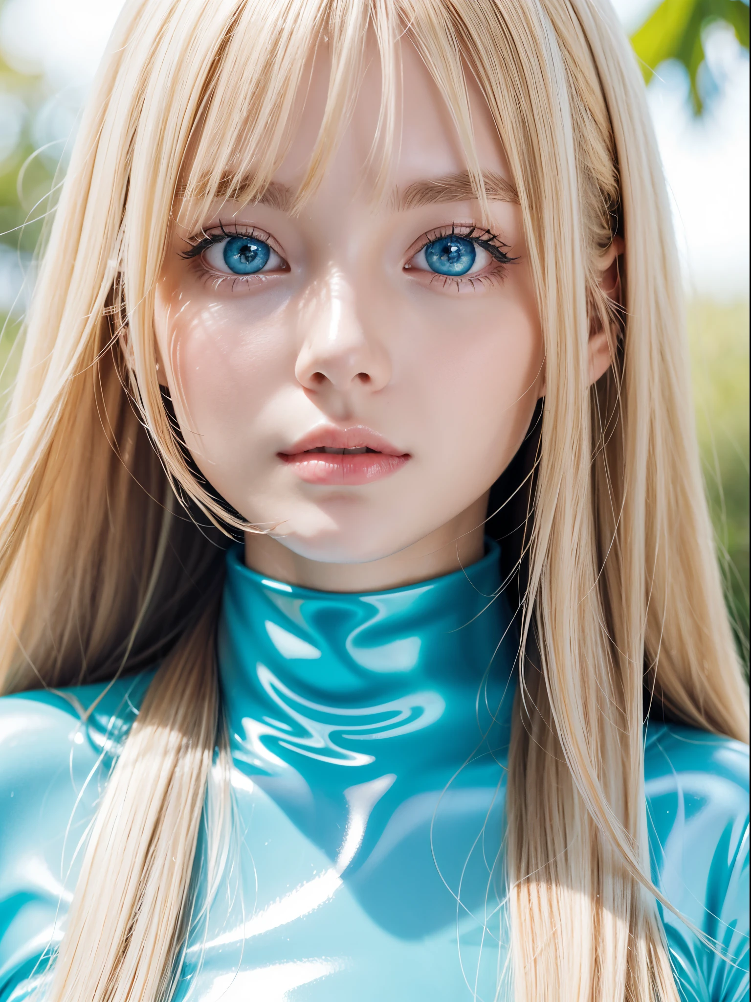 Beautiful blonde girl、Very beautiful bright pale blue eyes、Gloss Face、glowy skin、Teak Gloss、Super long hair、Lush bust、Beautiful long bangs、Small face beauty、very big eyes