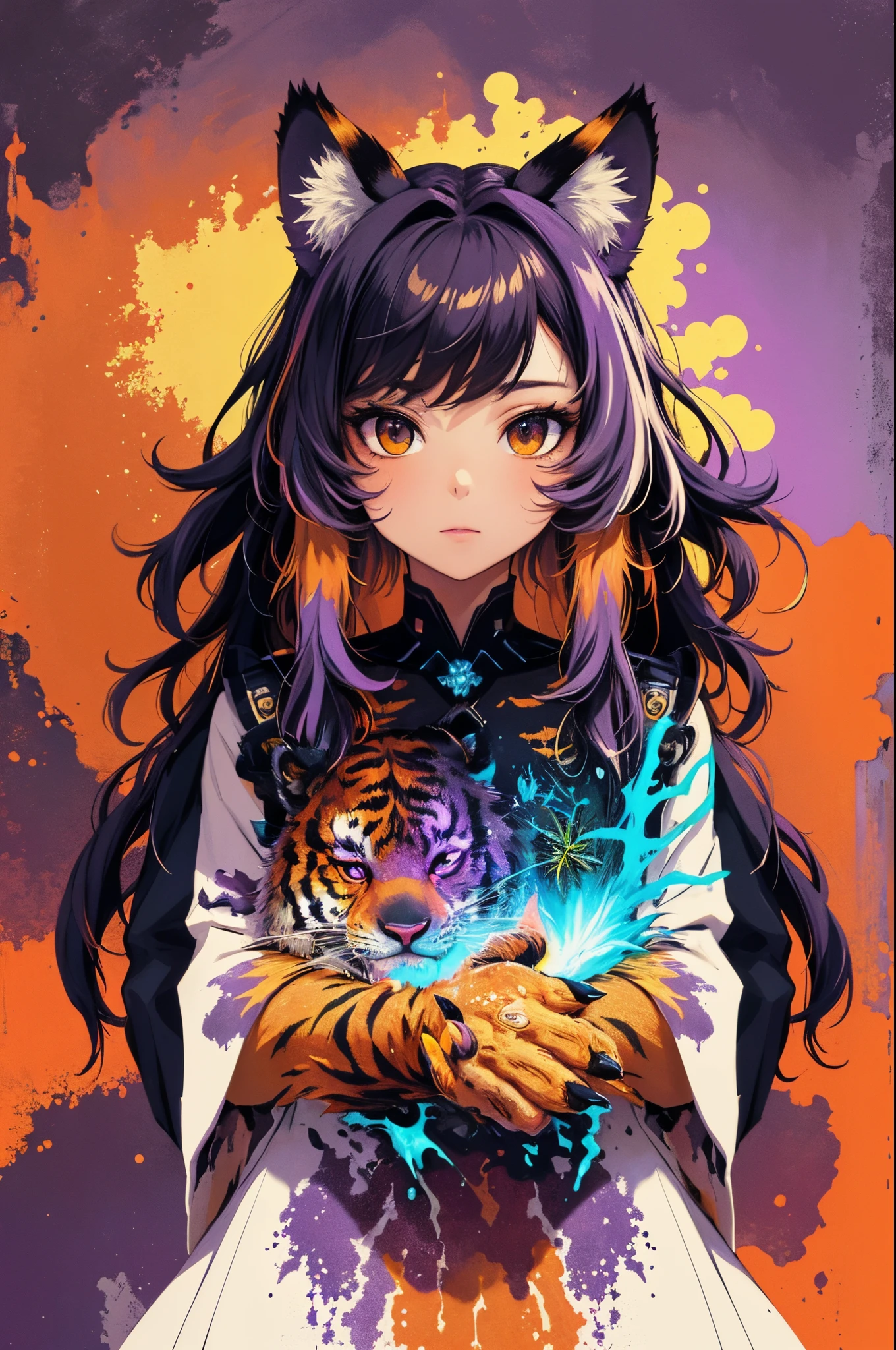(masterpiece:1.1), (highest quality:1.1), (HDR:1.0), extreme quality, cg, (negative space), detailed face+eyes, 1girl, fox ears, animal ear fluff, (plants:1.18), (fractal art), (bright colors), splashes of color background, colors mashing, paint splatter, complimentary colors, neon, (thunder tiger), compassionate, electric, limited palette, synthwave, fine art, tan skin, upper body, (purple and orange:1.2), time stop