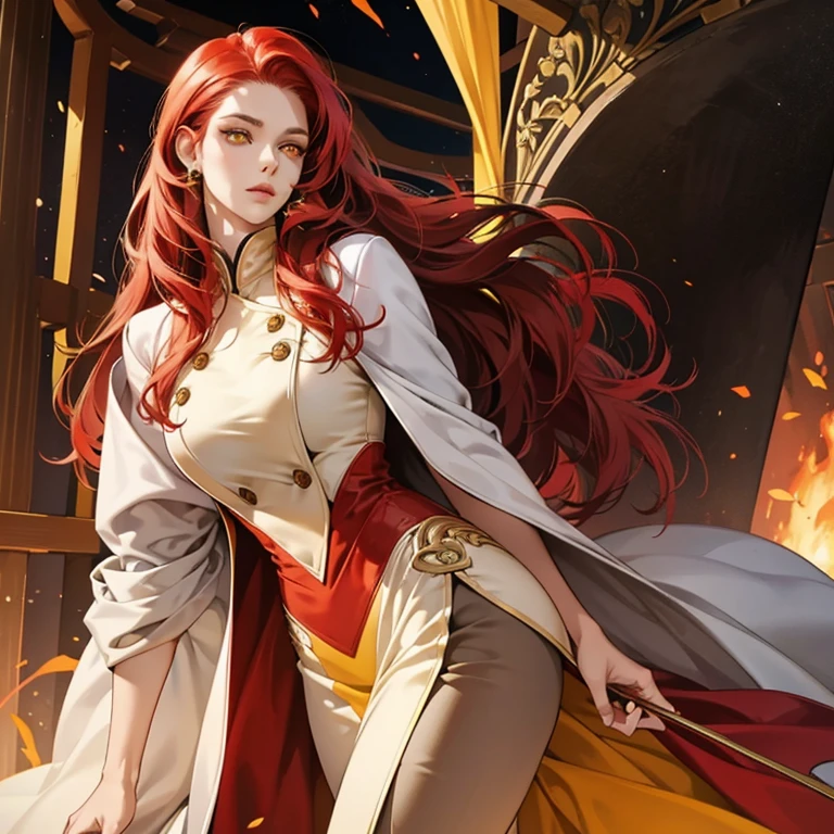 Beautiful tall woman with red hair and yellow eyes super realistic and well detailed suit outfit