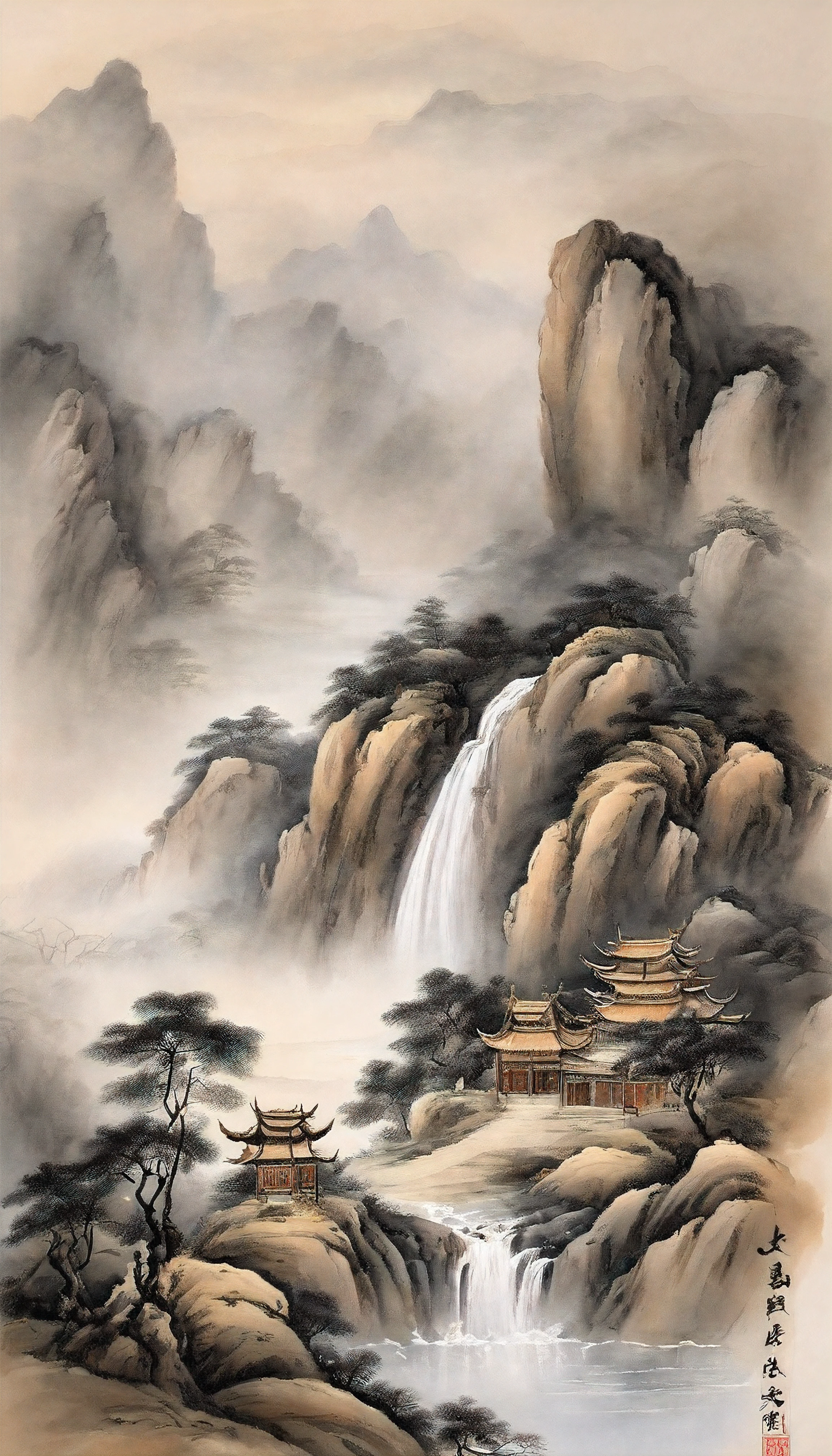 Best quality, Ultra-fine details, high resolution, Masterpiece:1.2, Immerse yourself in the beautiful landscape, Impeccable brushstrokes, Impressive ink, Adopt a wide-angle viewing angle, Breath-taking mountain views, Deep and majestic atmosphere, Beautifully depicted ships sailing through the mountains, Detailed depiction of the ship and its surroundings, Traditional Chinese art, Expresses the tranquility and harmony of nature, Subtle tonal changes, Soft color palette, Gentle and warm atmosphere, Presented at a prestigious exhibition - a Chinese ink landscape painting,The composition is stunning,Emotional depth,Capture the tranquility in the mountains. Textured brushstrokes and tonal variations are very detailed, Reveal the complexity of the ship and the beauty of the surrounding landscape. Traditional Chinese art styles create an atmosphere of tranquility and harmony,Immerse viewers in natural wonders. This masterpiece is of the highest quality, Features ultra-fine detail and high-resolution images, Make it an impressive and breathtaking work of art,It perfectly captures the essence of Chinese ink landscape painting.