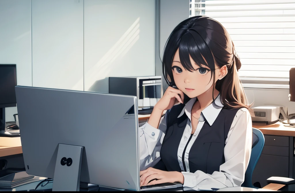 Office lady working on a computer at her office desk、1girl in,