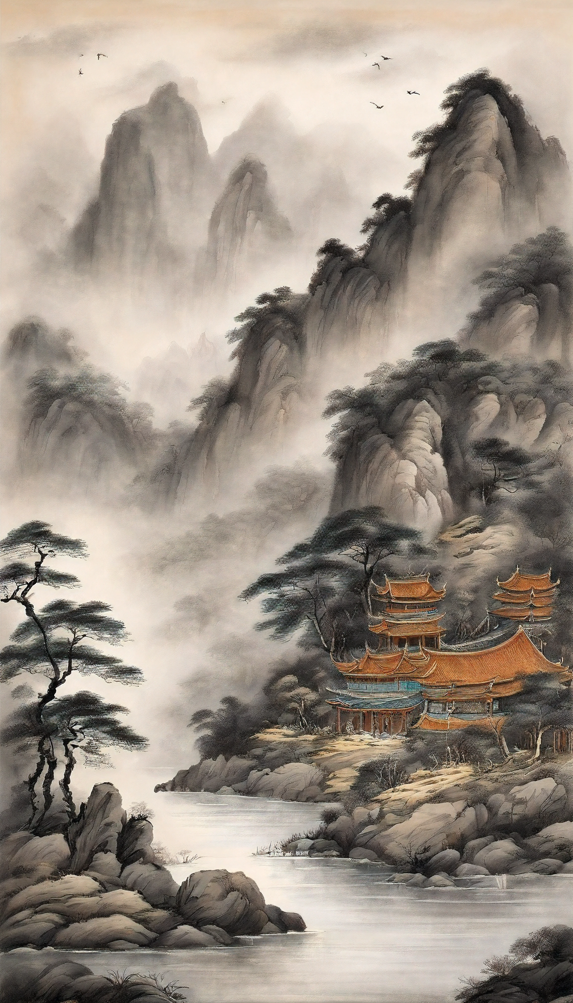 Chinese landscape painting，ink and watercolor painting，water ink，ink，Smudge，Meticulous，water ink，Smudge，Meticulous，Smudge，low-saturation，Low contrast，The light boat has crossed the Ten Thousand Heavy Mountains，Beautifully depicted，A detailed，acurate，Works of masters，tmasterpiece