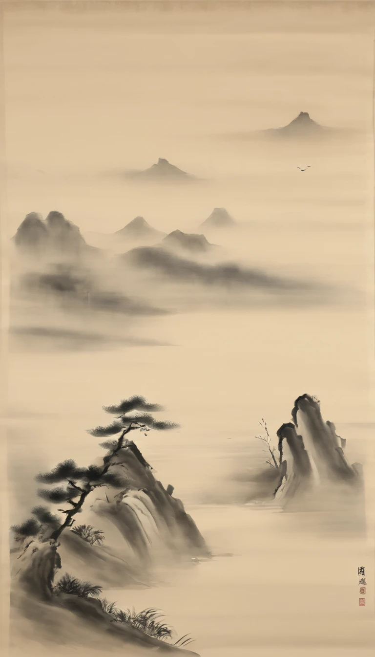 Chinese figure landscape painting,Ink painting and watercolor,Ancient figures,mtu,The scholar,Lao Tzu,disciple,ink,Faraway view,Ultra-wide viewing angle,meticuloso,Low saturation in distant view,low-contrast,Beautifully depicted,Acura,Works of masters,tmasterpiece