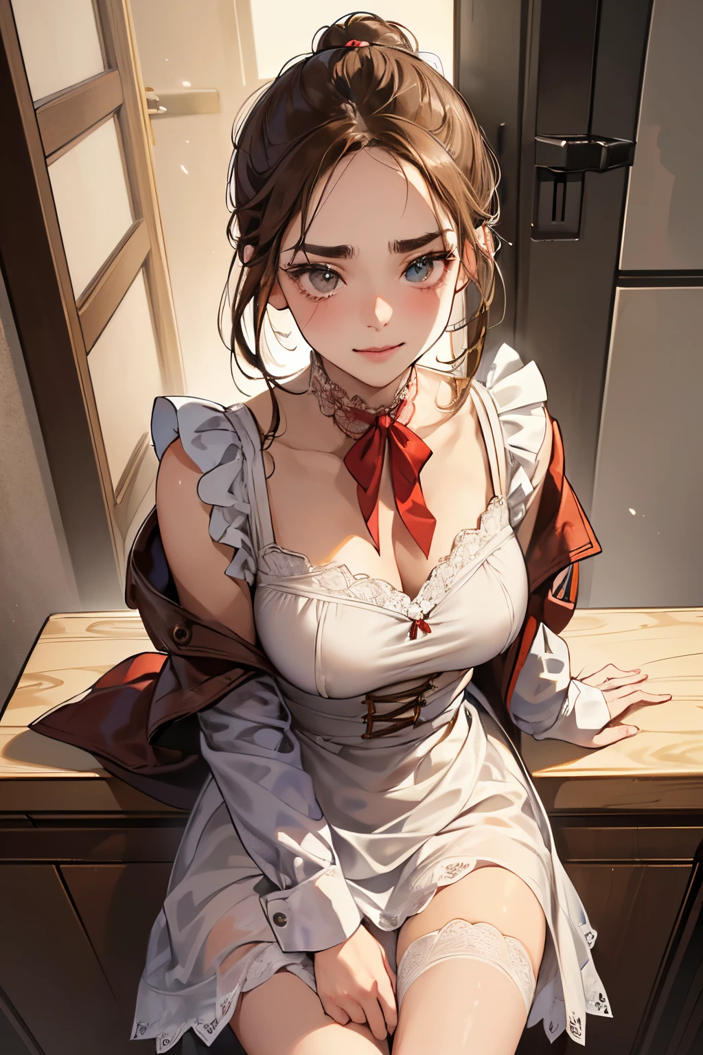 (top-quality, masterpiece, (Ultra high definition,4K), (超A high resolution:1.3, in 8K),masutepiece:1.2), (Angle from below), (Perfect Anatomy,Anatomically accurate), (Soft lighting, 光线追踪), (((Open legs sitting on a sofa in the lobby of a luxury hotel))), ((Aerith Gainsborough lookalike)), (Girl with a nice smile), (Photorealsitic), ((Bright lighting)), (cute white nightgown), ((wear a red cardigan)), Cute panties, (Crisp double eyelids), (fascinated expression), (large full breasts:1.4), (Textured skin), (Soft skin)