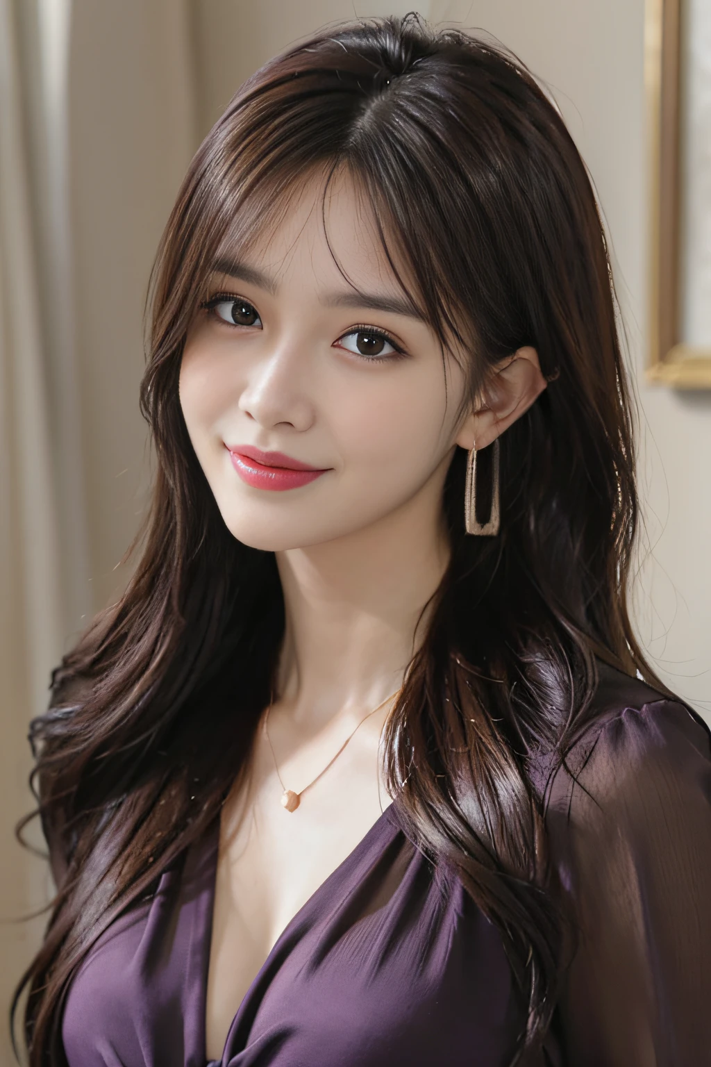 (((Brown Long Hair))), (Louvre Museum), Pose Seductive, (A hyper-realistic), (Illustration), (Increased resolution), (8KUHD), (Extremely detailed), (Best Illustration), (Beautiful and detailed eyes), (Best Quality), (ultra-detailliert), (masutepiece ), ( Wallpaper), (Detailed face), Solo, 1人の女性, Fine details, Detailed face, Deep Shadows, lowkey, pureerosfaceace_v1, Smiling, 46 point slanted bangs、dark purple see-through blouse、cleavage of the breast、Big necklace、large earring、Laughing
