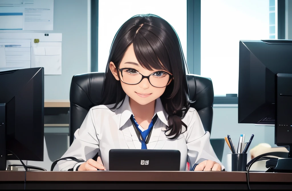 1girl, Office lady, working on a computer at her office desk, smile