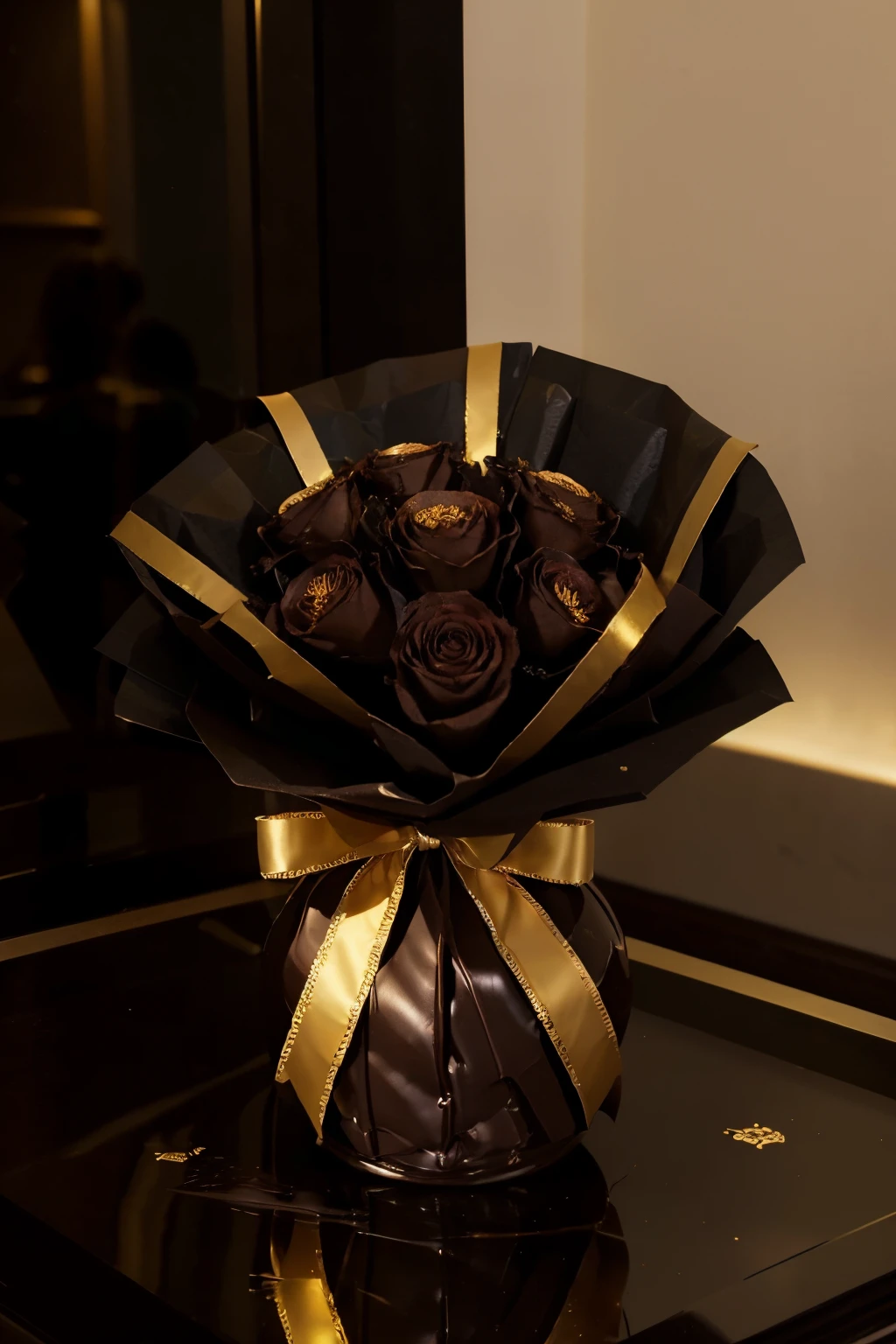 there is a chocolate bouquet with a gold ribbon and a black plaque, gold black, chocolate, explosive, add tex flores boutique., cinematic lighting, glowing light, reflection light, reflection light, drop shadow, drop shadow