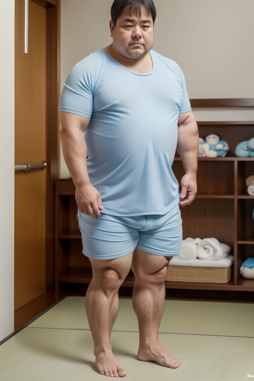 A thick man is 50yo in japan, He stand and slouching look down, dwarfism, Wearing a light blue short sleeve and white diaper, Pampers, Pacifier and bib, Bare legs, crew cut, tearful, expression of agony, There is a small puddle at his feet, from side, playroom, a picture, high detail photo, masterpiece