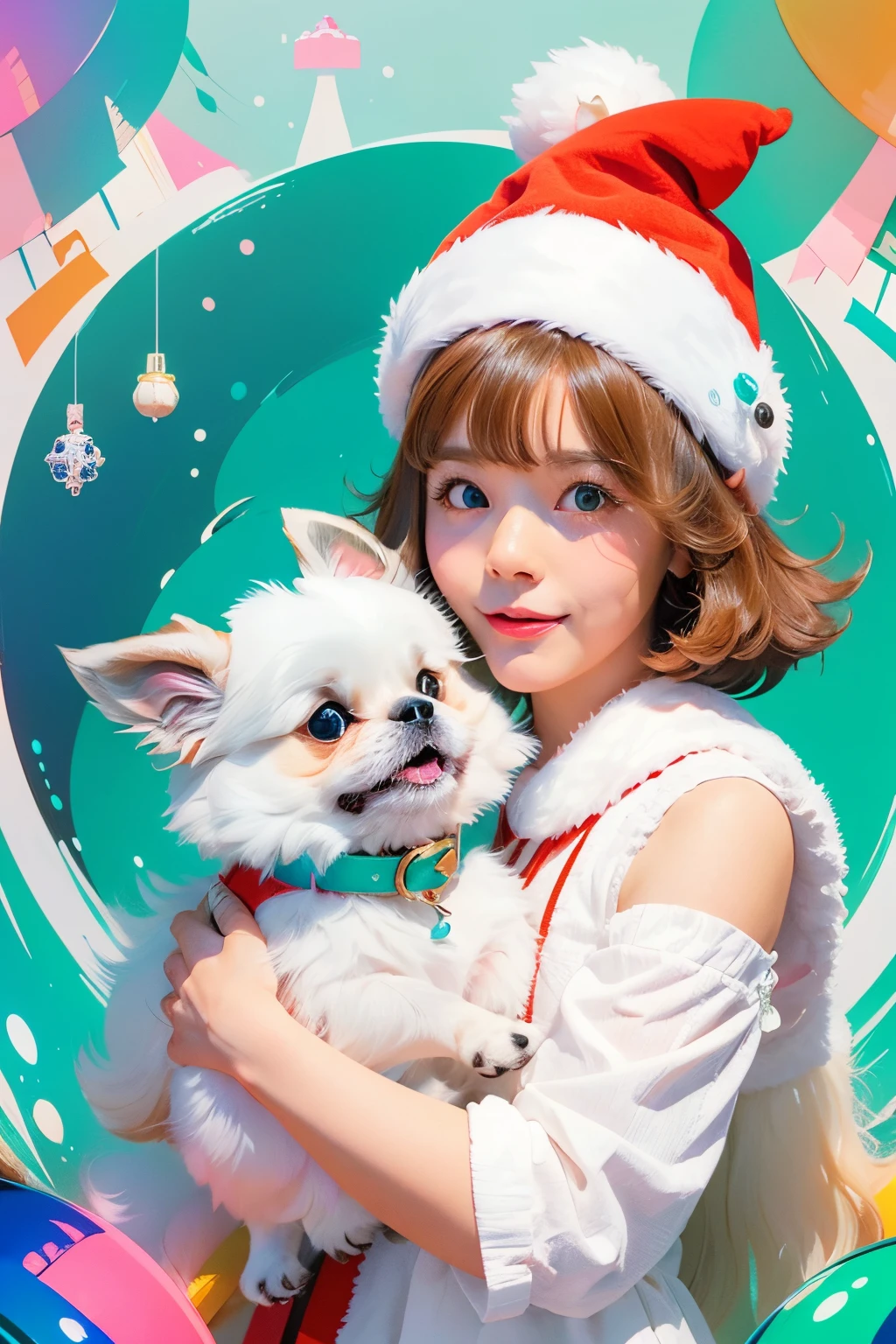 3D vector art、Colorful cute white pekingese dog、dog is wearing a christmas hat、dog has a bell'Collar、 cute christmas present, dog is fluffy、Ultra-realistic high quality, Cute and quirky, Fantasy Art, Watercolor effect、little girl hugging a dog