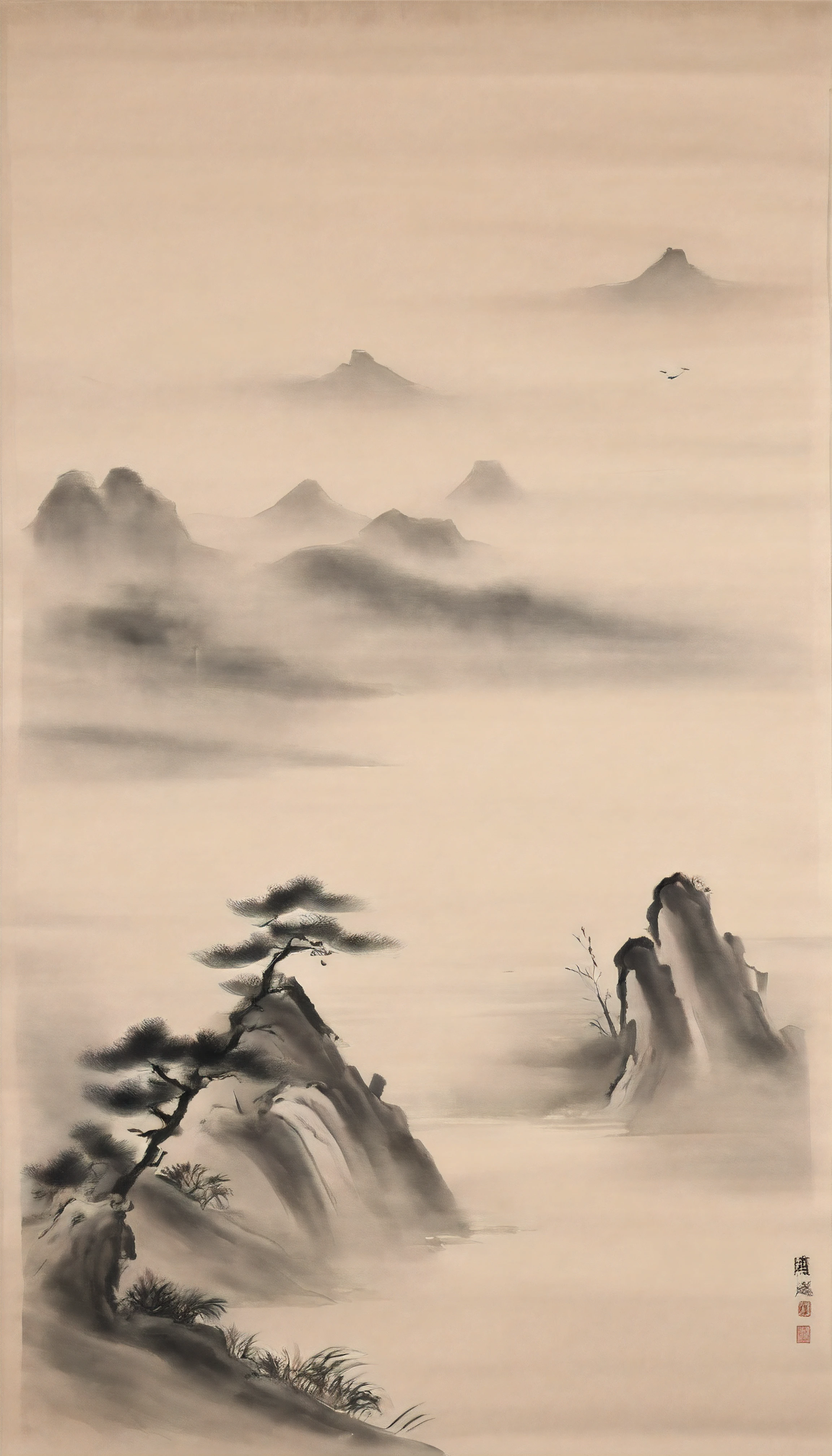 Chinese figure landscape painting,Ink painting and watercolor,Ancient figures,mtu,The scholar,Lao Tzu,disciple,ink,Faraway view,Ultra-wide viewing angle,meticuloso,Low saturation in distant view,low-contrast,Beautifully depicted,Acura,Works of masters,tmasterpiece