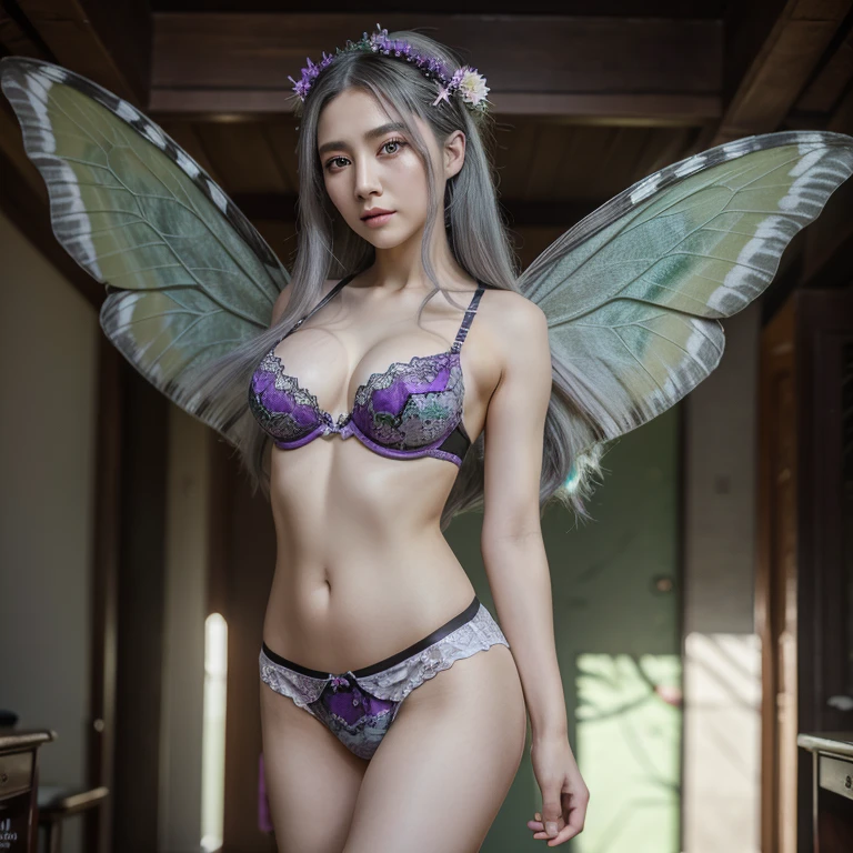 ((masterpiece)), (((best quality))), ((extremely detailed)), colorful, hdr, 1girl, , grey hair,green eye, luotianyi (xiachong),xiachong, black and purple bra and panties, white butterfly wings
