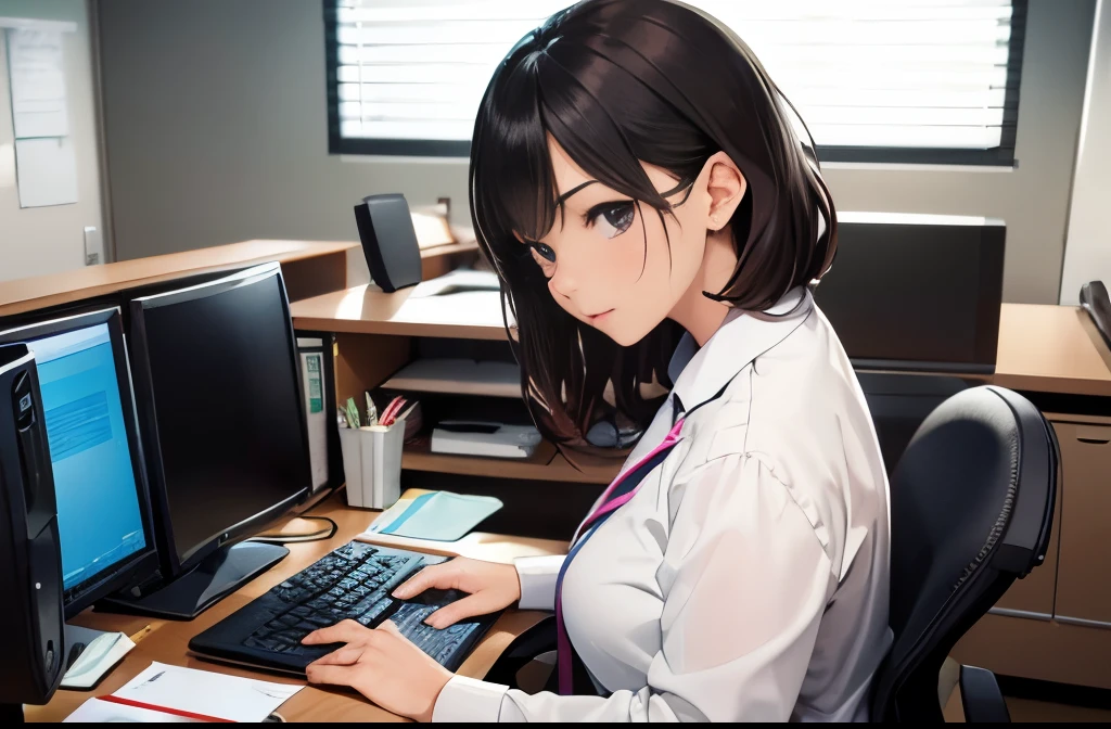 Office lady working on a computer at her office desk、1girl in, serious