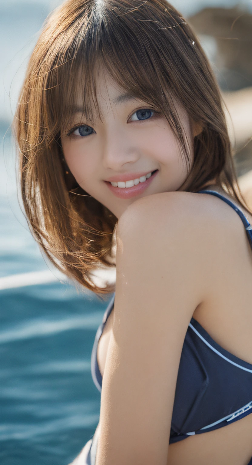 masterpiece , best quality, ultra-detailed, photo, an extremely delicate and beautiful,high resolution,
1girl, 25 years old, japanese beautiful girl,
small breasts, plump full lips, wavy hair, short hair, one small mole under the eyes,
detailed eyes, detailed facial features, detailed arms, detailed fingers, detailed legs,
(((cowboy shot))) , sea side, sexy swimsuit, ((smile)), drinking a coffee,
film grain, single-lens reflex camera, 35mm lens focal length
