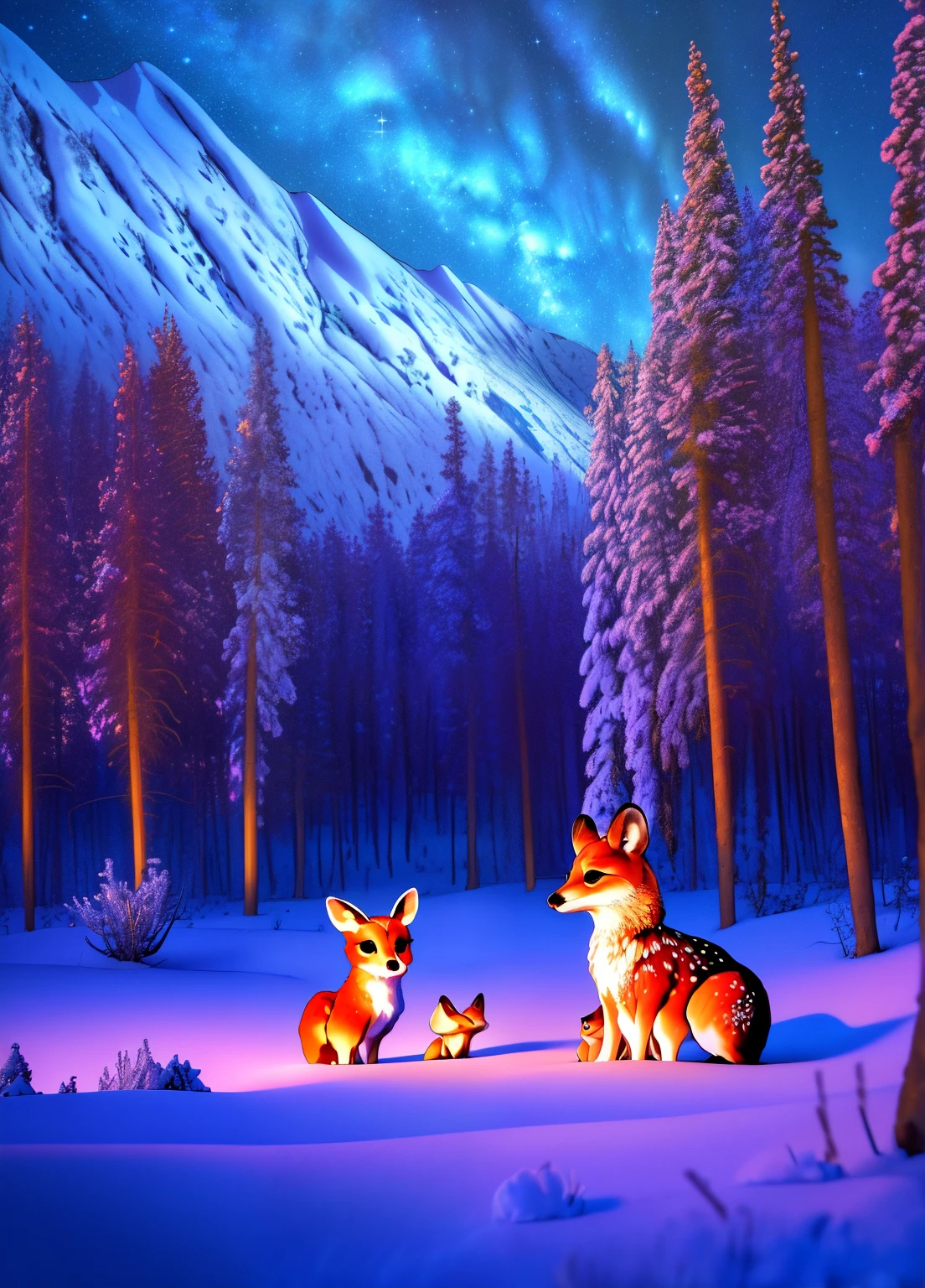 (best quality,4k,8k,highres,masterpiece:1.2),ultra-detailed,(realistic,photorealistic,photo-realistic:1.37),Enchanted forest, *********** illuminated by the soft moonlight,playful foxes,graceful fawns,adorable cubs,wise owls,cute bunnies,prickly hedgehogs gather under the celestial beauty,portraits,landscape,photography,vivid colors,warm tones,soft lighting,peaceful ambiance