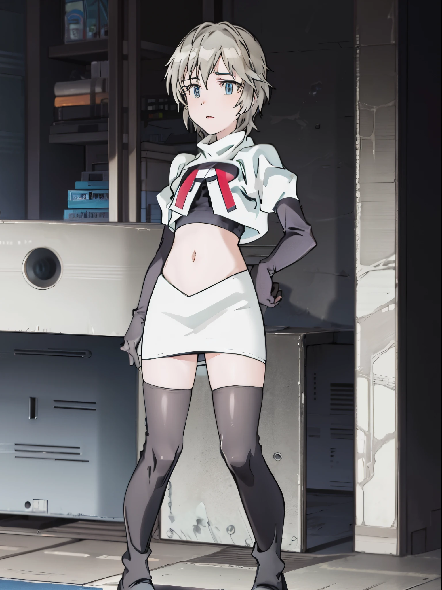 anastasia, team rocket,team rocket uniform, red letter R, white skirt,white crop top,black thigh-highs,black elbow gloves