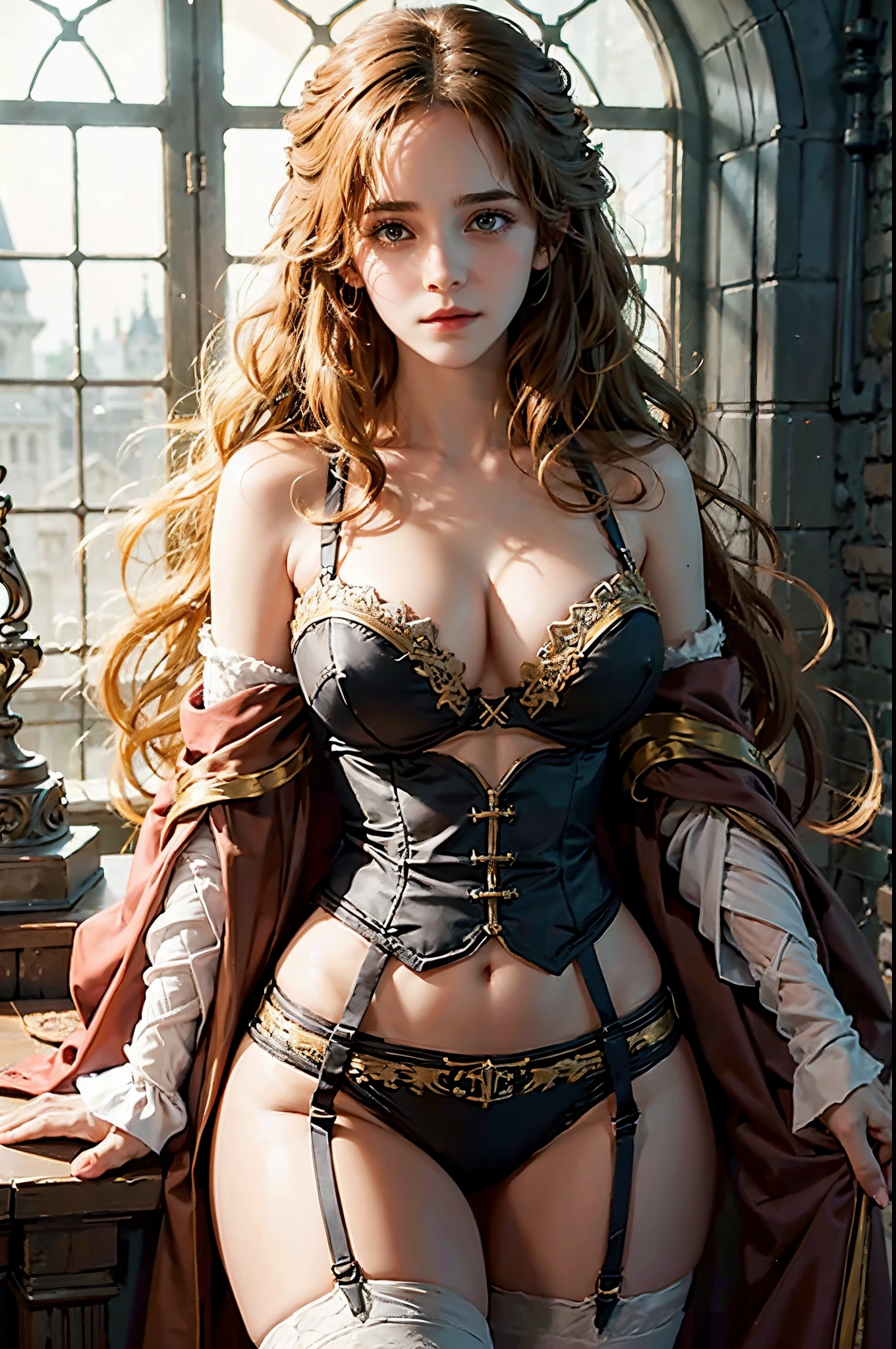 Generate a tender and romantic digital illustrated of hermione granger with (gigantic breast:1,9), showing her cleaveage, sideboobs and underboobs, wearing hogwarts uniform and detailed black bra, Capture the warmth of her body as she holding her breast, paying attention to the details in their attire and surroundings. Create an atmosphere of intimacy and affection, portraying the beauty of her body