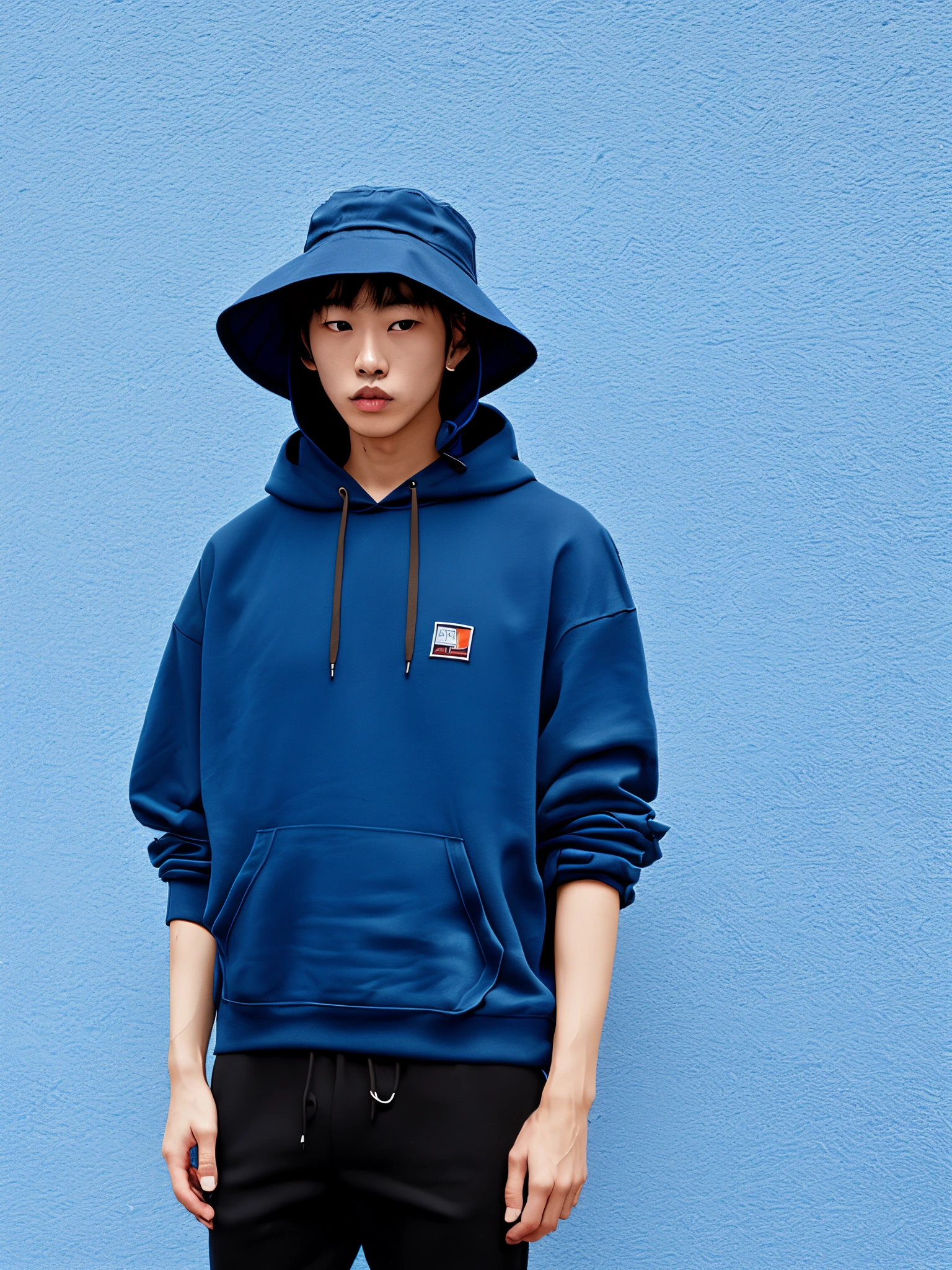 Blue slime with blue bucket hat and blue hoodie and black pants standing in a dark blue background