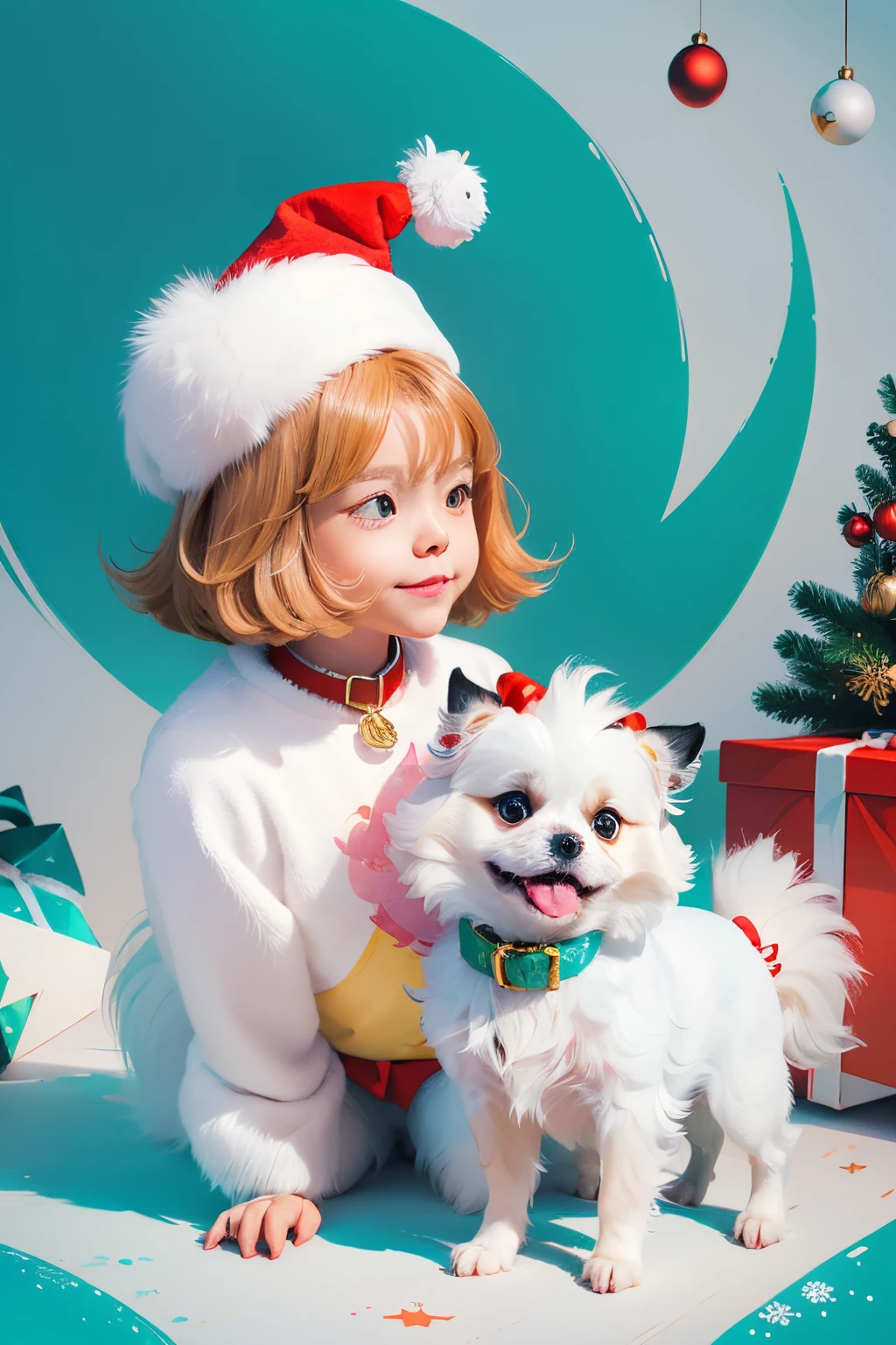 3D vector art、Colorful cute white pekingese dog、dog is wearing a christmas hat、dog has a bell'Collar、 cute christmas present, dog is fluffy、Ultra-realistic high quality, Cute and quirky, Fantasy Art, Watercolor effect、 hugging a dog