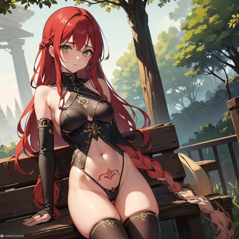 ((1 mulher em armadura medieval)),((com tatuagens tribais por todo o corpo)),((Seios enormes, buceta nua)),((em uma floresta)),((olhar sujo, cara envergonhada)) ,((very long red pubic hair with braid)),((cabelo ruivo com sexo, com um olho fechado, um olho vermelho)),((de frente para o espectador, com as pernas abertas)),((com uma espada nas costas)),