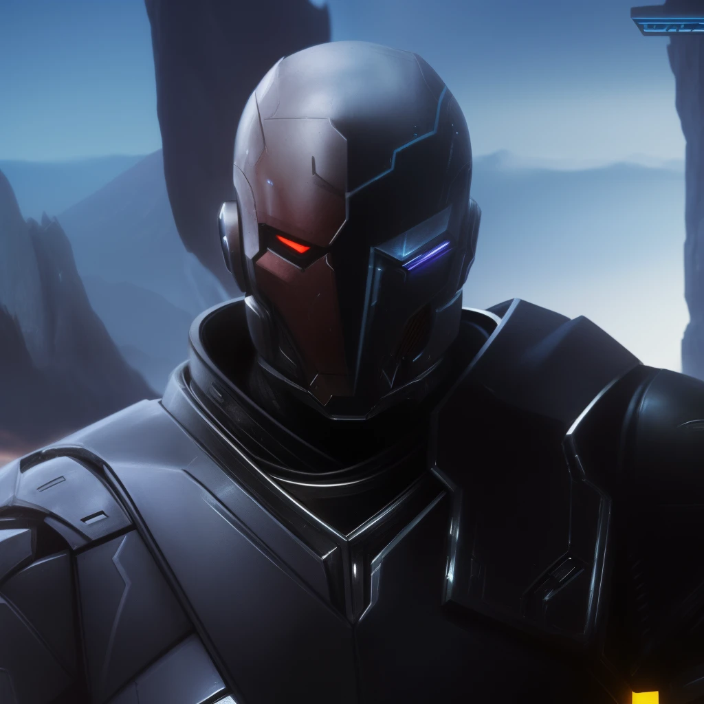 arafed man in a futuristic suit standing in front of a mountain, metabaron, turian, inspired by Rajmund Kanelba, bioware, starcraft 2 videogame character, clothed in stealth armor, clothed in sci-fi military armor, dren from splice, face of an armored villian, anfas portrait of a mech warrior