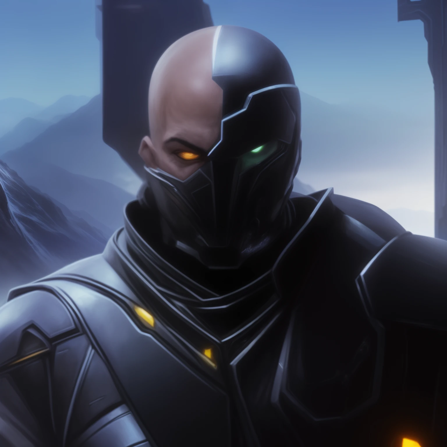 arafed man in a futuristic suit standing in front of a mountain, metabaron, turian, inspired by Rajmund Kanelba, bioware, starcraft 2 videogame character, clothed in stealth armor, clothed in sci-fi military armor, dren from splice, face of an armored villian, anfas portrait of a mech warrior