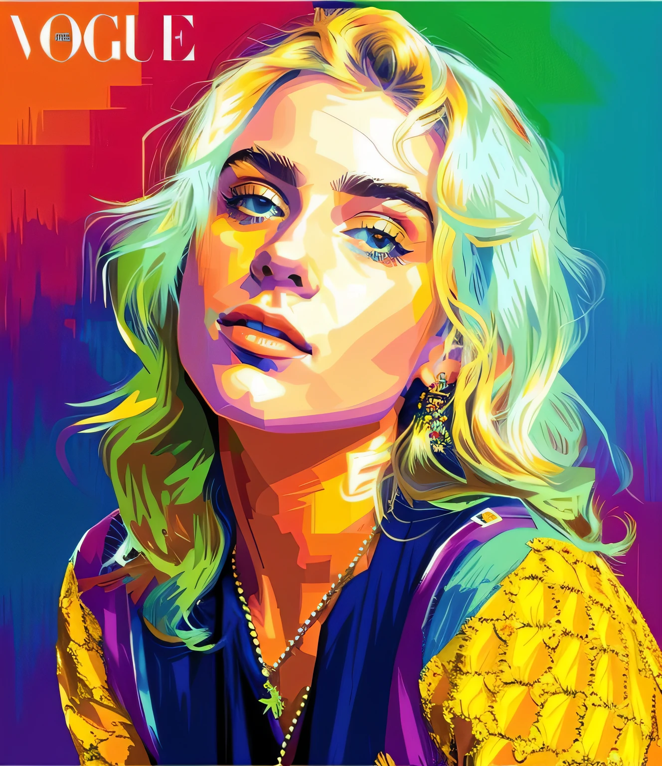 Um close up de uma pintura de uma Mulher, Retrato de Billie Elish, WPAP, Arte colorida do filme, Billie elish, Vector Art Style, "Billie Elish, Arte vetorial, Fan Art vibrante, Rosto de Billie Elish, Arte vetorial multicolorida, in illustration style digital, Arte de Alessandro Pautasso, Obra-prima de arte