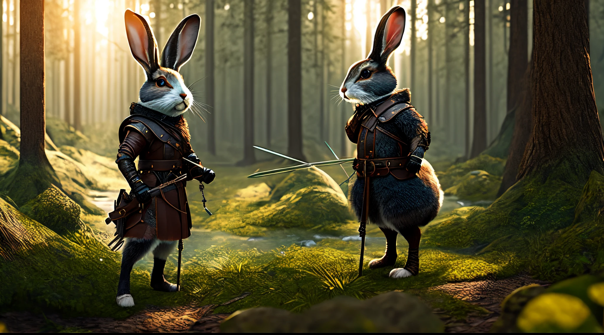 Rabbit Archer in Leather Harness, at a forest, The is very detailed,  number art, 8K, 3D