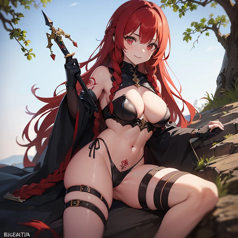 ((1 mulher em armadura medieval)),((com tatuagens tribais por todo o corpo, Muscles)),((Seios enormes, buceta nua)),((em uma floresta)),((olhar safado, Rosto com um sorriso)),((very long red pubic hair with braid)),((red hair with braids, um olho branco, um olho vermelho)),((de frente para o espectador, pernas abertas com uma espada na buceta) ),