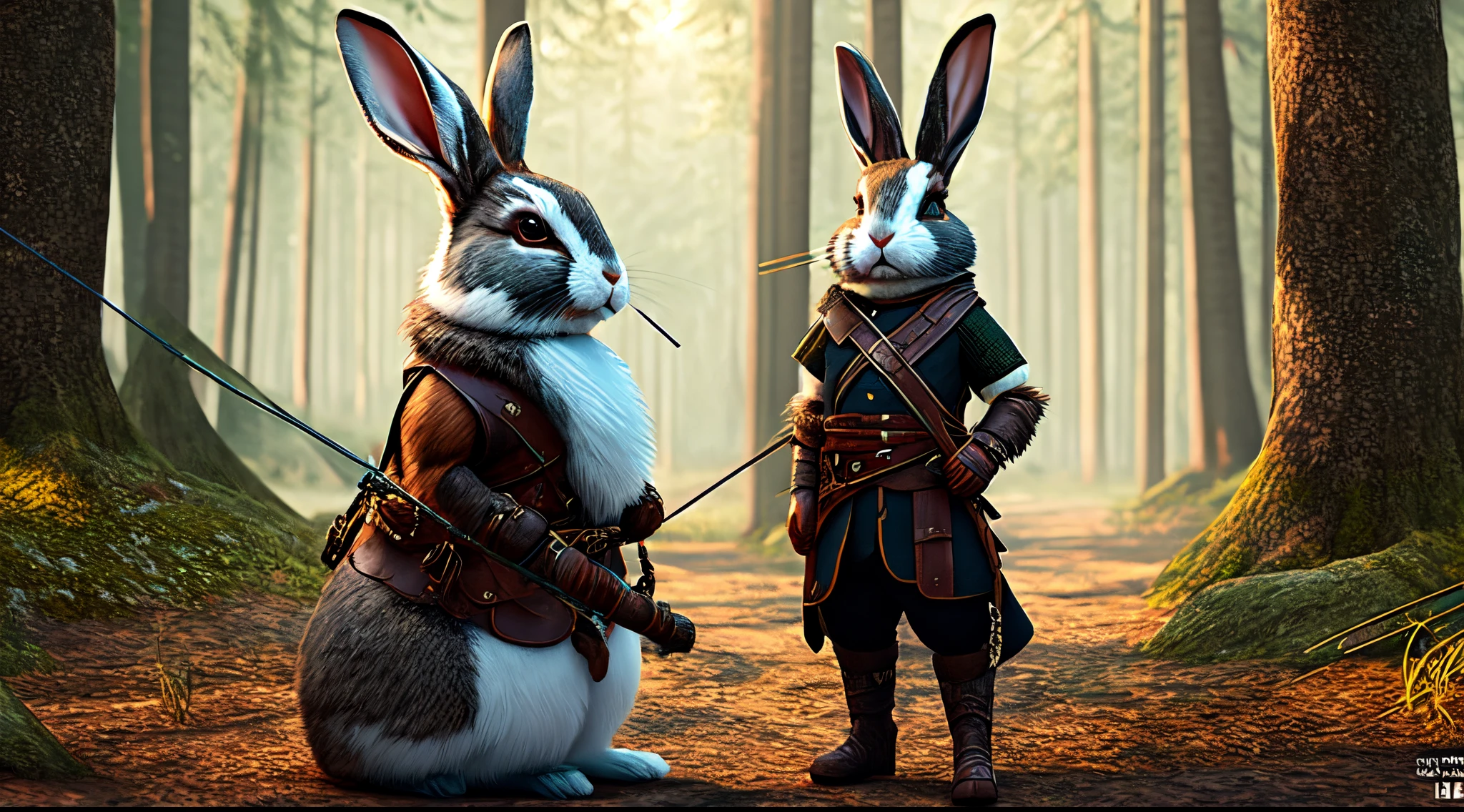 Rabbit Archer in Leather Harness, at a forest, The is very detailed, number art, 8K, 3D