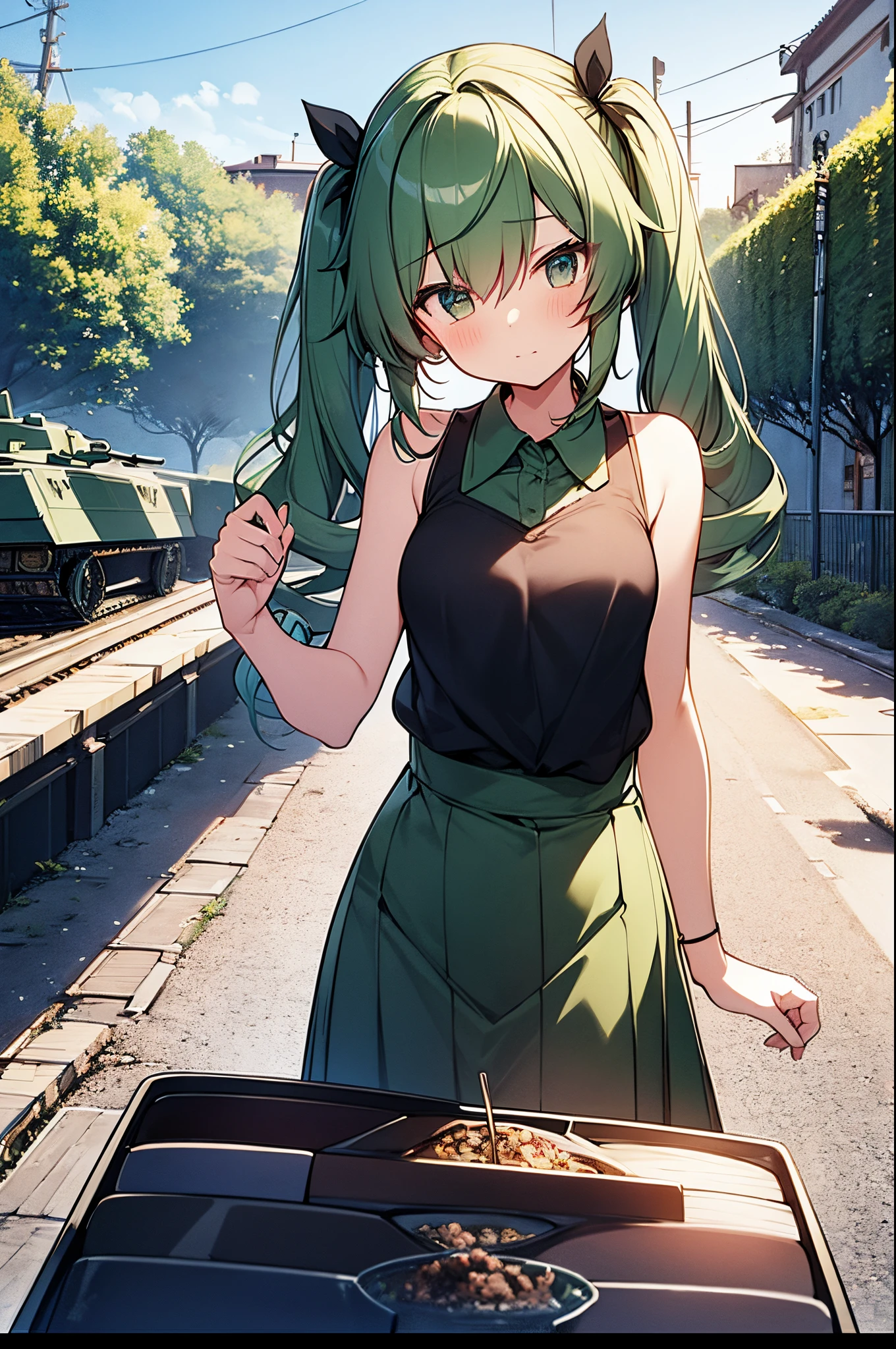 tgirls&amp;Panzer Chiyomi Anzai Anchovy Duce Italy Green hair Twintails Tank School uniform Tank road scene Old buildings and scenery（Italian style environment） Military Elements Bonds and friendships between team members Tank design and construction Panzerfolk Atmosphere of military events and tournaments Action scenes and tank battles Food and cooking（Scene where characters eat） Colorful flowers and plants of Italy flag and symbols of Italy（as part of the landscape）,ribbon bigger,naturalbody