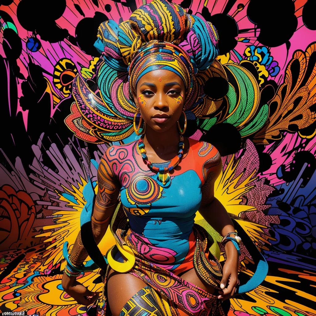 Full body shot of bold neon colors, cartoon style illustration of a Work process of UX Design as an African woman dressed in African designed clothes with African beads and African designed headress, sees the world while experiencing hallucinations, stoned, splash art, splashed neon colors, (iridiscent glowy smoke) ((motion effects)), best quality, wallpaper art, UHD, centered image, MSchiffer art, ((flat colors)), (cel-shading style) very bold neon colors, ((high saturation)) ink lines, psychedelic environment
