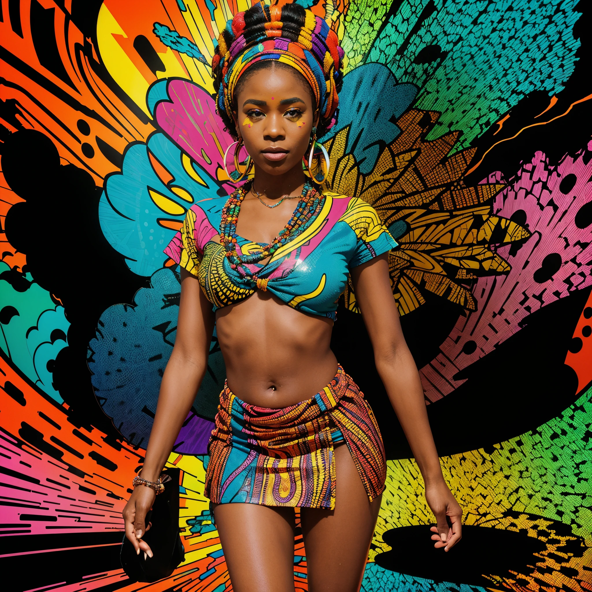 Full body shot of bold neon colors, cartoon style illustration of a Work process of UX Design as an African woman dressed in African designed clothes with African beads and African designed headress, sees the world while experiencing hallucinations, stoned, splash art, splashed neon colors, (iridiscent glowy smoke) ((motion effects)), best quality, wallpaper art, UHD, centered image, MSchiffer art, ((flat colors)), (cel-shading style) very bold neon colors, ((high saturation)) ink lines, psychedelic environment