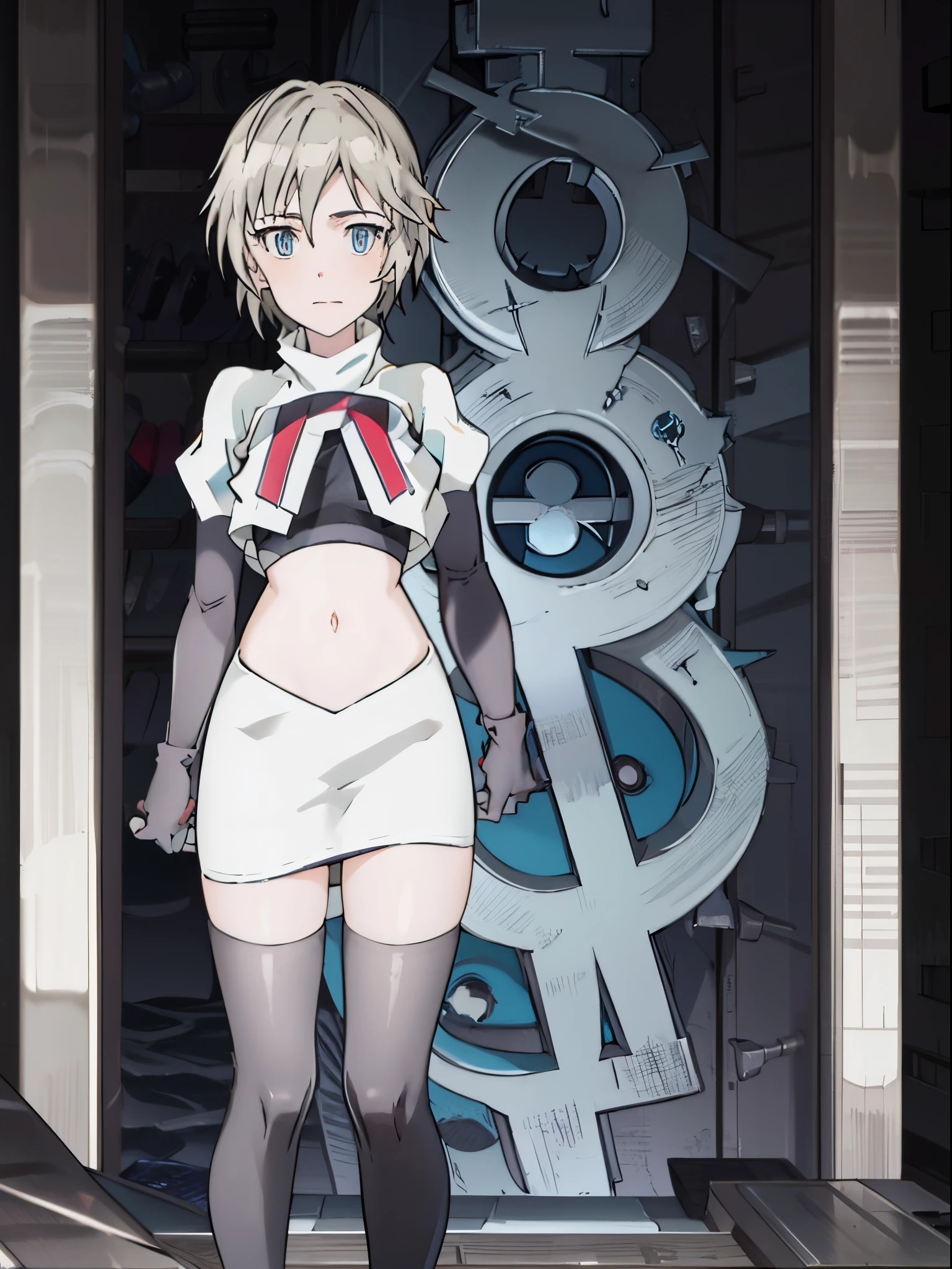 anastasia, team rocket,team rocket uniform, red letter R, white skirt,white crop top,black thigh-highs,black elbow gloves