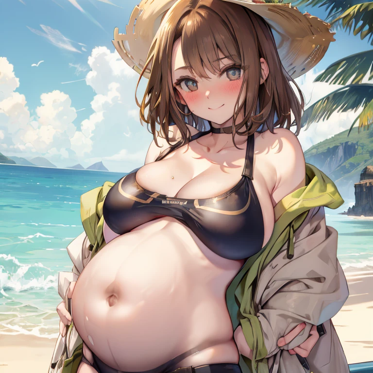 Eunie, pregnant, large breasts, brown hair, looking at viewer, cute, blush, cleavage, lactating, smile, bare tummy, hand on stomach, beach, bikini, lying on back