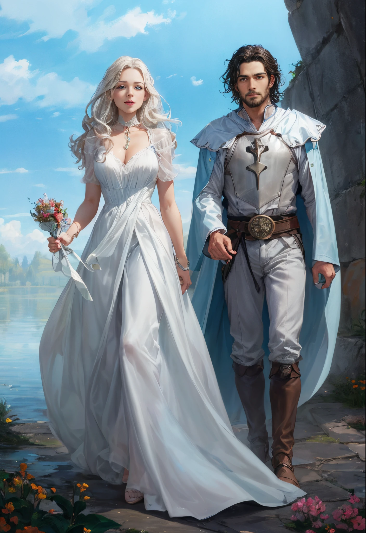 Picture of a man and a woman, dressed in medieval clothes, walking on the lake, inspired by Magali Villeneuve, romance novel cover, magali villeneuve', magali villeneuve and monet, graphic artist magali villeneuve, charlie bowater and artgeem, Edmund Blair and Charlie Bower, flowing white robes, Magali Villeneuve