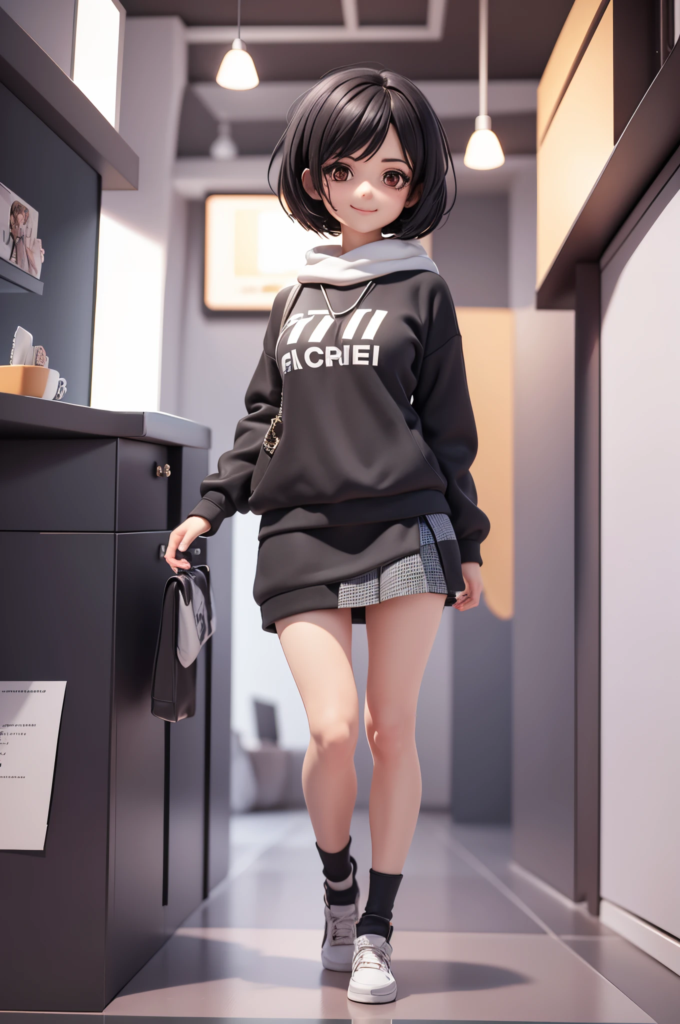 one-girl，with short black hair，25 age old，sweatshirts，Midi skirt，ssmile，Full body front，Cute 3d rendering，Portrait anime，Handsome 3D anime man rendering，Cute and detailed digital art，stylized 3d render，3d rendered figure art 8k，