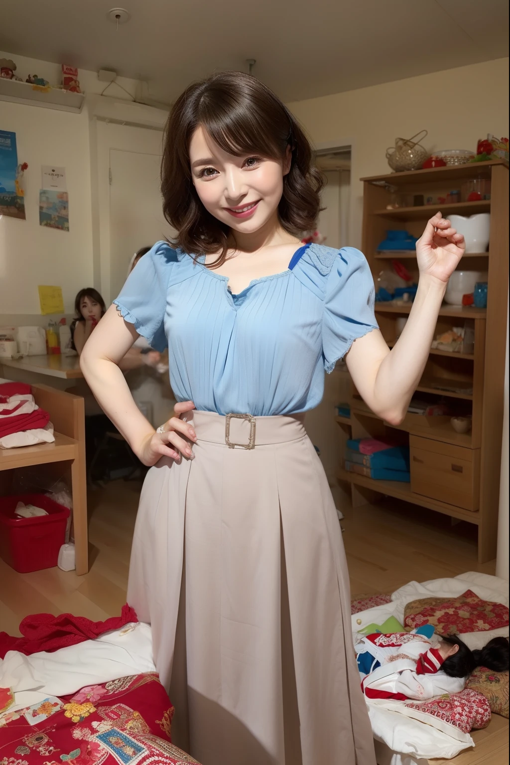 blue short sleeve blouse、long skirt below the knee