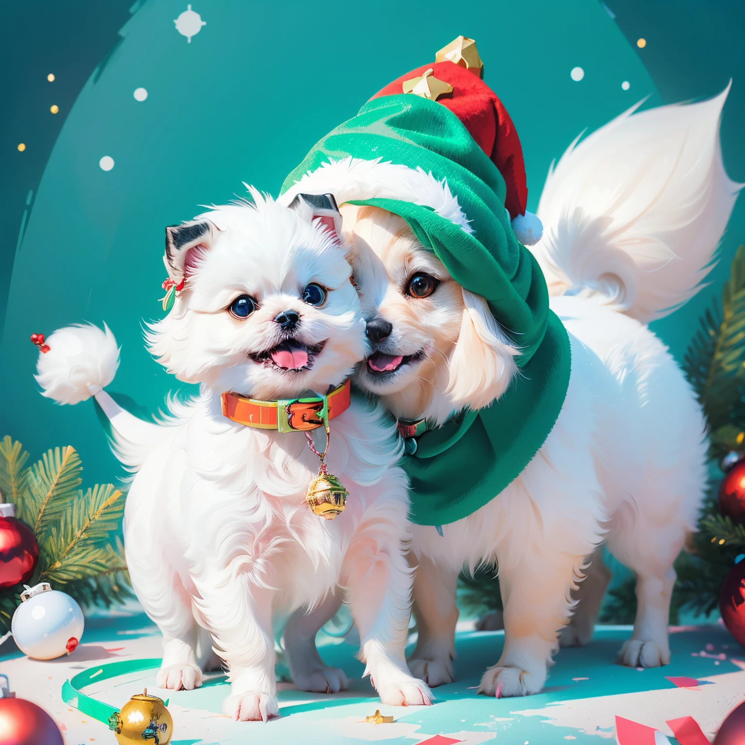 3D vector art、Colorful cute white pekingese dog、dog is wearing a christmas hat、dog has a bell'Collar、 cute christmas present, dog is fluffy、Ultra-realistic high quality, Cute and quirky, Fantasy Art, Watercolor effect、 girl hugging a dog