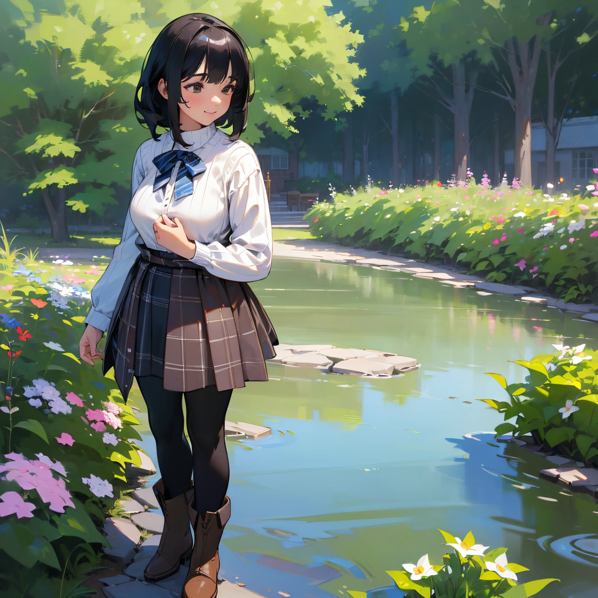(High quality, High resolution, Ultra-detailed, Realistic:1.37), peaceful ambiance, (plein air, garden), Teenage girl standing alone, (My breasts are big.), Beautiful detailed features, Cute smile, (Black bob hair), Rib Sweater, blue plaid skirt, Black tights, Brown boots.
