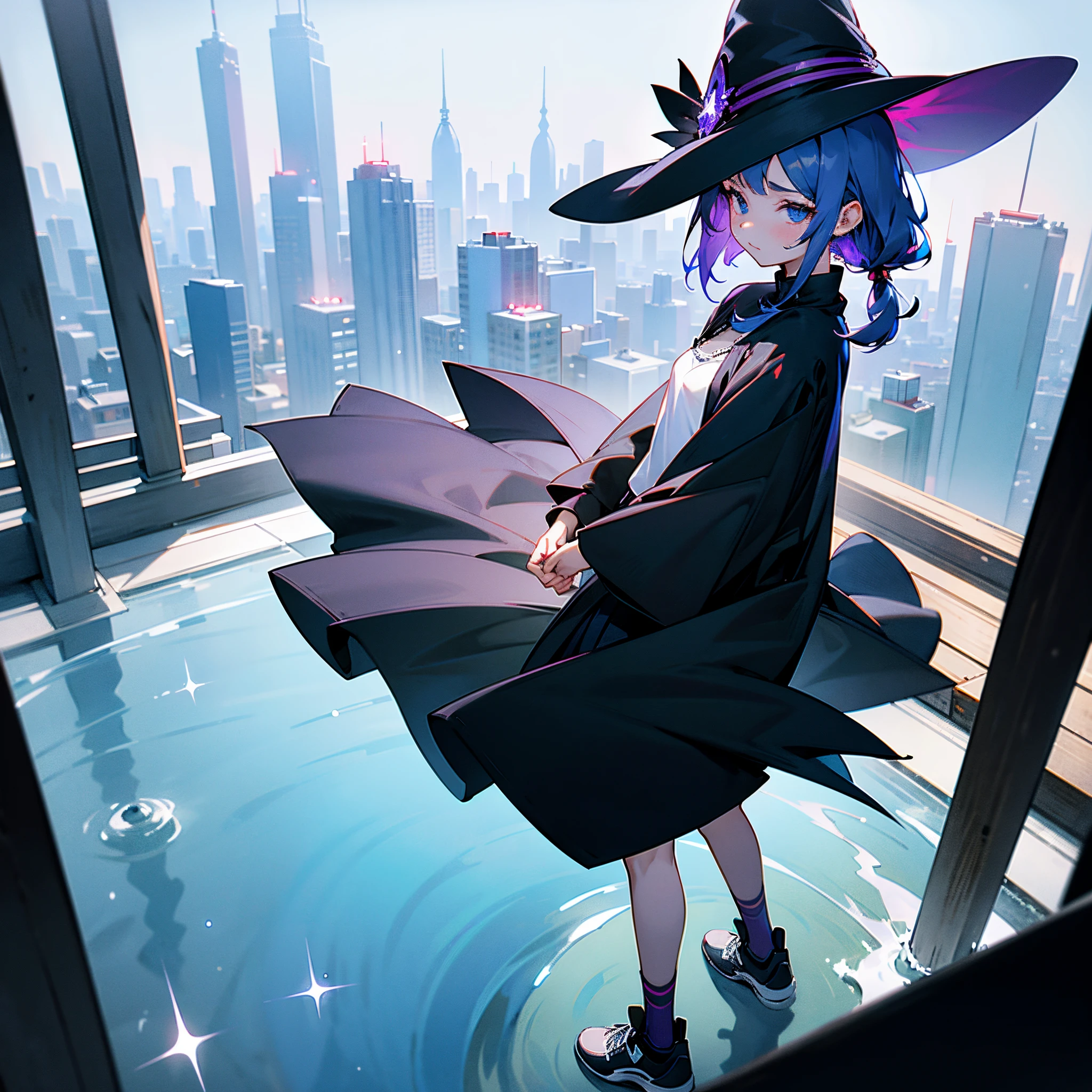 This is the rooftop of a skyscraper in Tokyo.、It's late at night now.、You can see the night view of many low buildings in the background.、Photograph her from above、Small moon and starry sky、You can see the beautiful sea with the moonlight reflecting in the distance.、Photograph her from an angle of 45 degrees above、One 27-year-old woman with small breasts、adult lady、Older sister、She wears a large black witch hat with sapphire accessories、Medium short silver hair with reddish-purple mesh、He is looking at me with a cool face and confused eyes.、Blue eyes with highlights、She is wearing a long black coat over a white t-shirt、White camisole、White bra、White bath towel、Black pleated skirt、Black sneakers with white shoelaces、small tits、discreet breasts、full-shot、hiquality、High Details、high-level image quality、4K picture quality、beatiful backgrounds