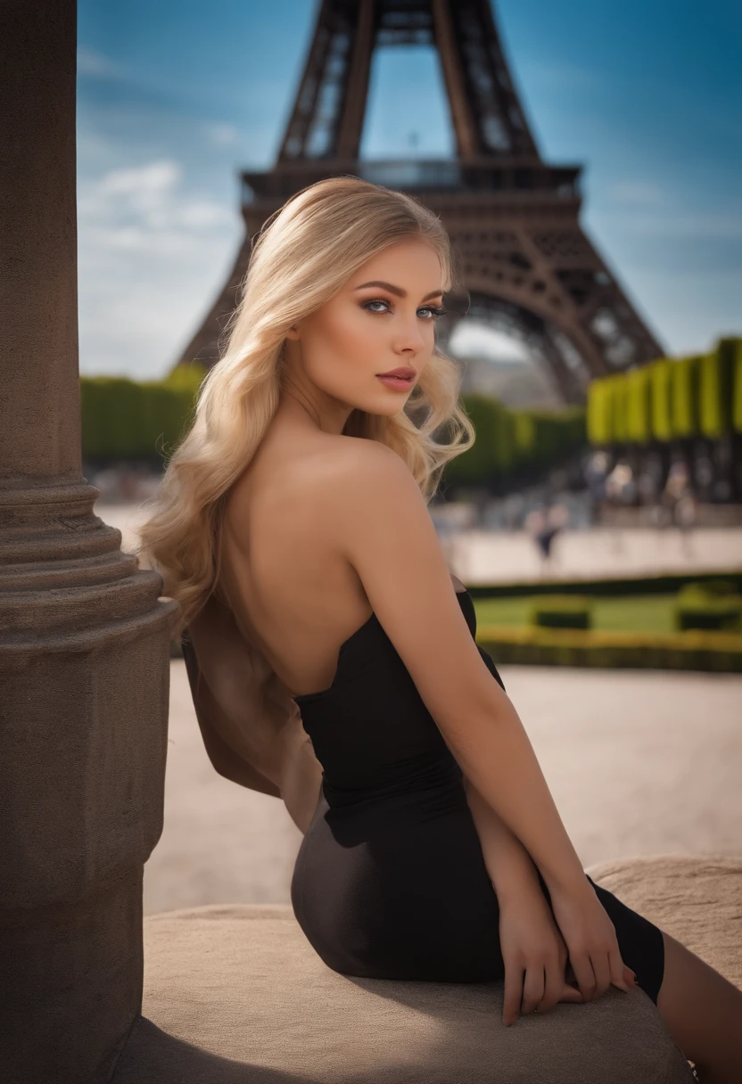 A poised and alluring woman with captivating blue eyes, resembling the ultra-realistic Sophie Mudd. Blonde girl, She wears natural makeup, exudes a sexy charm in a short dress, blonde hair color and poses in Eiffel tower setting with a prominent bust.