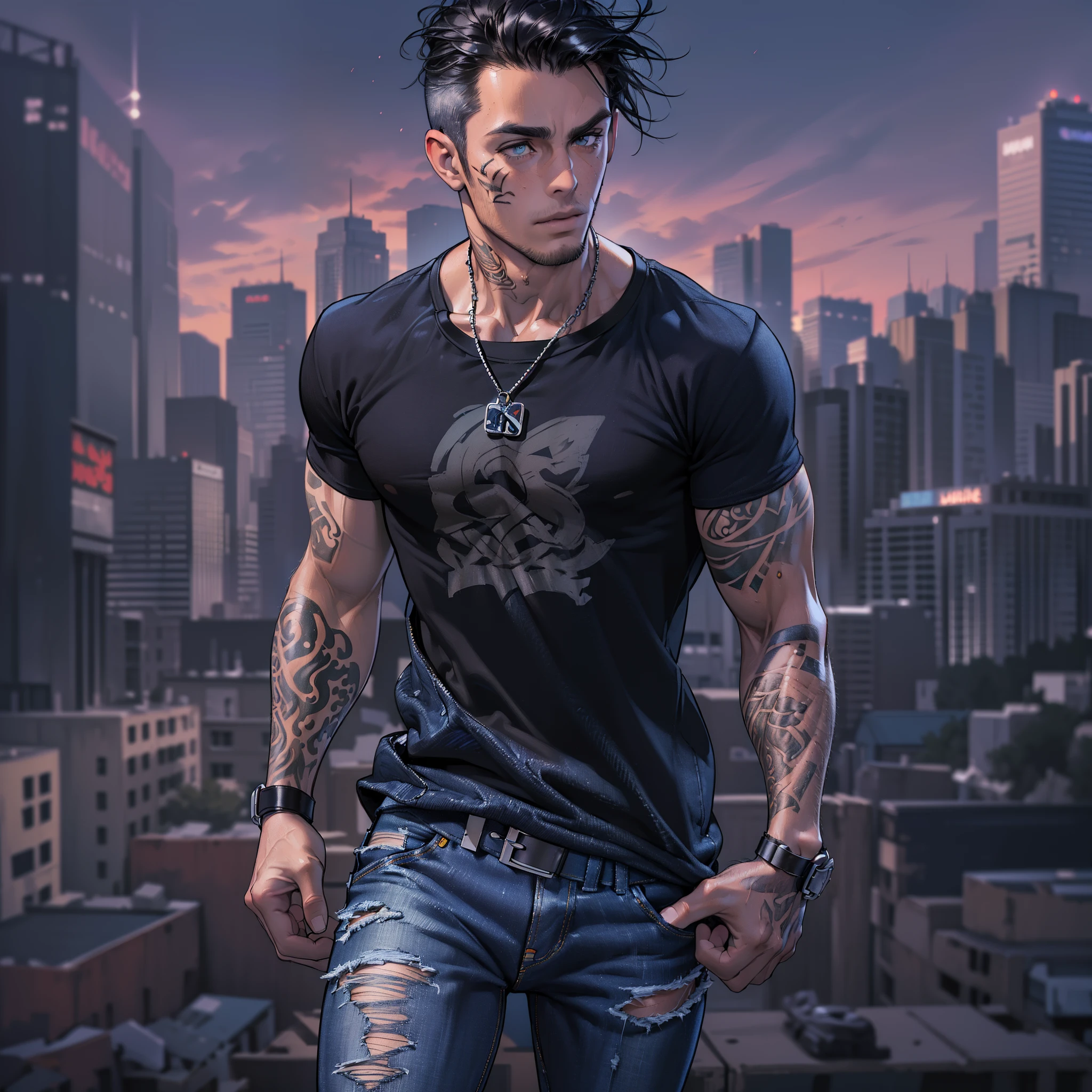 (masterpiece, best quality, high quality, highres: 1.4), detailed, extremely detailed, ultra detail, male, 1male, slim, athletic, rugged face, short black hair, smooth skin, muscle, (((chestwear: t-shirt, bottomwear: jeans, footwear: boots))), tattoos, arm tattoos, beautiful, closed_mouth, casual, city background, simple background