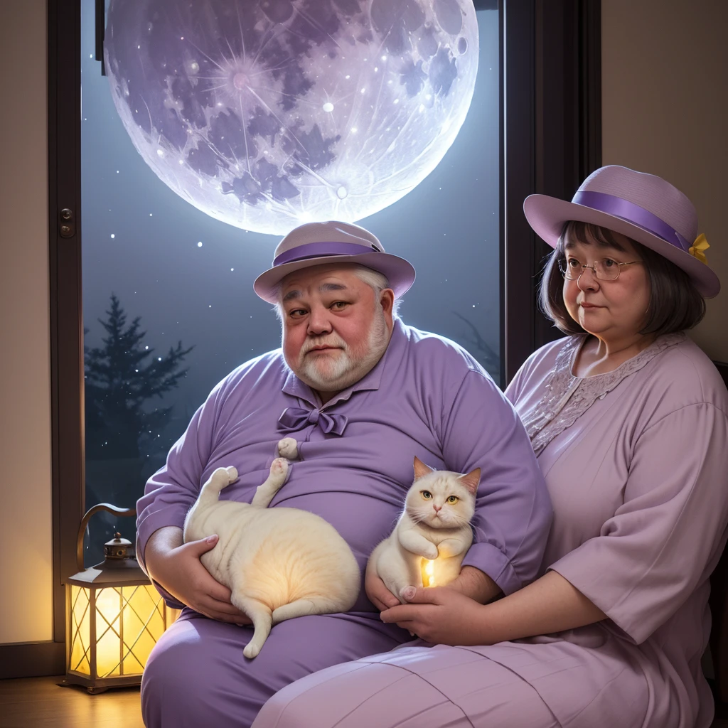 a fat old man, dressed in a light lilac dress, wearing a hat, holding a fat cat in his hands, sitting by the window under the warm light of a yellow full moon, stars in the sky, full moon, warm tones, yellow-lilac-blue color scheme, soft colors, ultra quality, 8k, HD