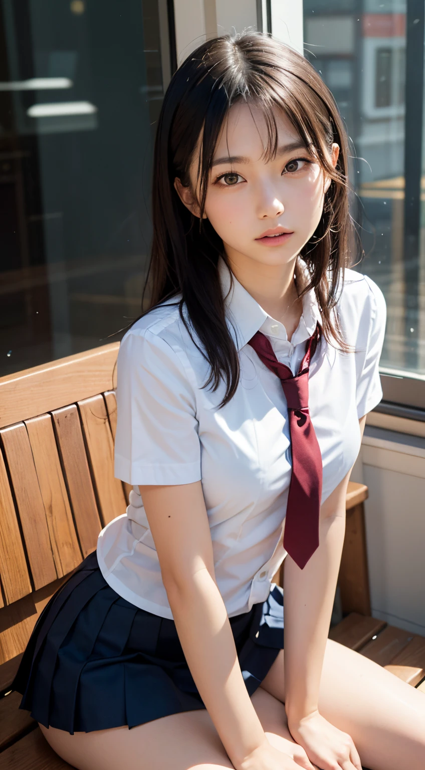 (masutepiece, Best Quality:1.2), 8K, 15yo student, 85 mm, Official art, Raw photo, absurderes, White dress shirts, Pretty Face, close up, Upper body, violaceaess, gardeniass, Beautiful Girl, School uniform, (Navy pleated skirt:1.1), Cinch West, thighs thighs thighs thighs, Short sleeve, on train, Sit on a bench seat, Looking at Viewer, No makeup, (Smile:0.4), Film grain, chromatic abberation, Sharp Focus, face lights, clear lighting, Teen, Detailed face, Bokeh background, (dark red necktie:1.1)