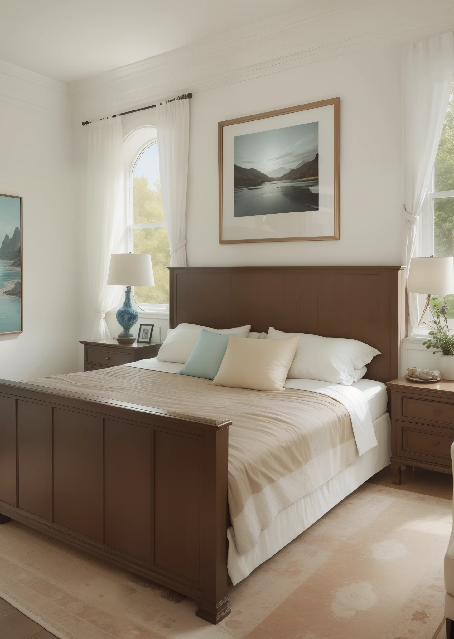 color photo of: \"Contemporary Renovated Haven\" Details: spacious and airy living room, sleek dining area, serene bedroom, panoramic views Living Room: clean lines, minimalist decor, abundant natural light, clear artwork with crisp frames, light color palette Dining Area: modern table and chairs, simplicity in design, bright and inviting ambiance, defined borders for artwork Bedroom: comfortable and inviting bed, tranquil atmosphere, soft color scheme, artwork with clear frames, elegant and fashionable overall aesthetic Camera Settings: Sony A7R III, Fujifilm Pro 400H, 24-70mm lens, wide-angle perspective, balanced exposure, emphasis on natural light Collaborators: Sofia Coppola, Roger Deakins, Philippe Starck, Stella McCartney, Mario Testino —c 10 —ar 9:16 --auto --s2