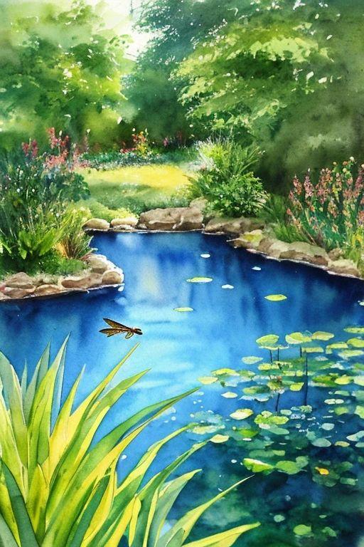 biotope landscape painting,watercolor paiting.Biodiversity,Rear stick,8K,Realistic,Parent and observing,Narrow range,killifish,a dragonfly,aquatic plants,An urban oasis,small scale,inside a small park,