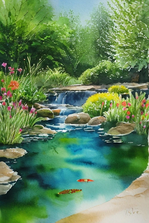 biotope landscape painting,watercolor paiting.Biodiversity,Rear stick,8K,Realistic,Parent and observing,Narrow range,killifish,a dragonfly,aquatic plants,An urban oasis,small scale,inside a small park,