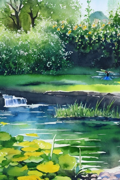 biotope landscape painting,watercolor paiting.Biodiversity,Rear stick,8K,Realistic,Parent and child observing,Narrow range,killifish,a dragonfly,aquatic plants,An urban oasis,small scale,inside a small park,